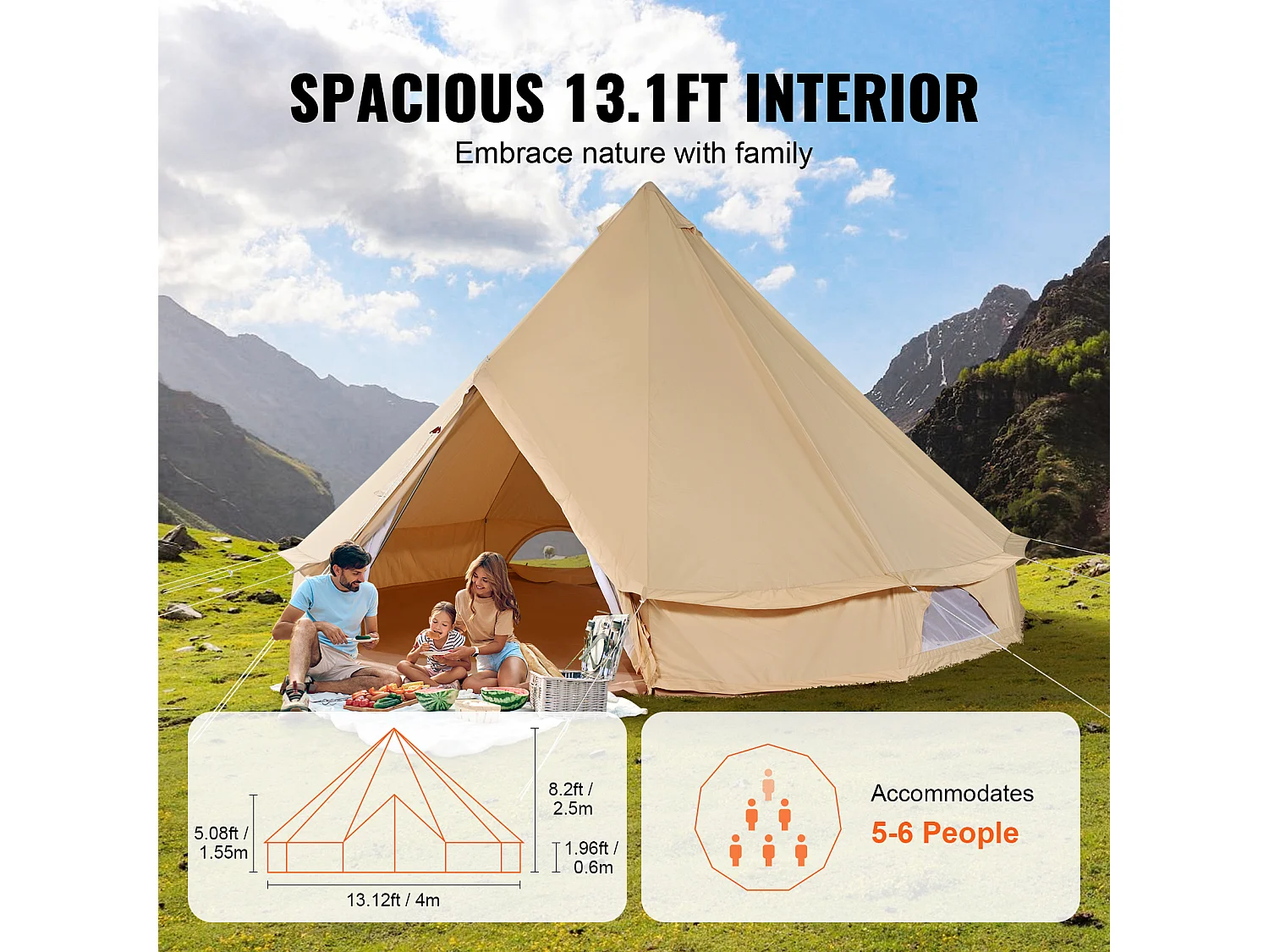Tente Cloche en Toile SucceBuy 4 m, Tente de Camping Familiale, Yourte 4 Saisons, pour les Groupes en Plein Air, les Fêtes et la Chasse