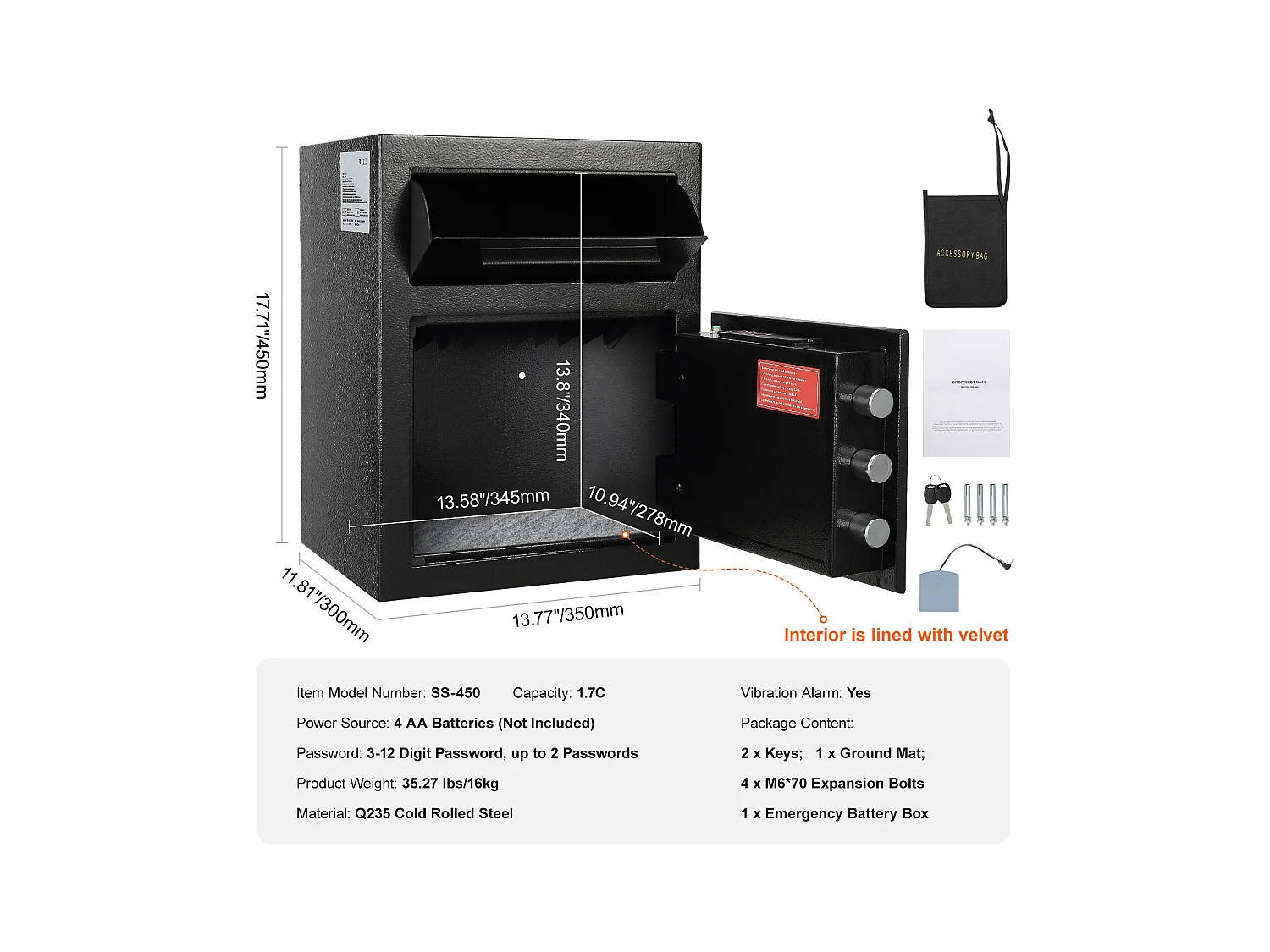 Coffre-Fort SucceBuy Coffre-fort de Dépôt 48L avec Fente de Dépôt, Mot de Passe et Accès par Clé