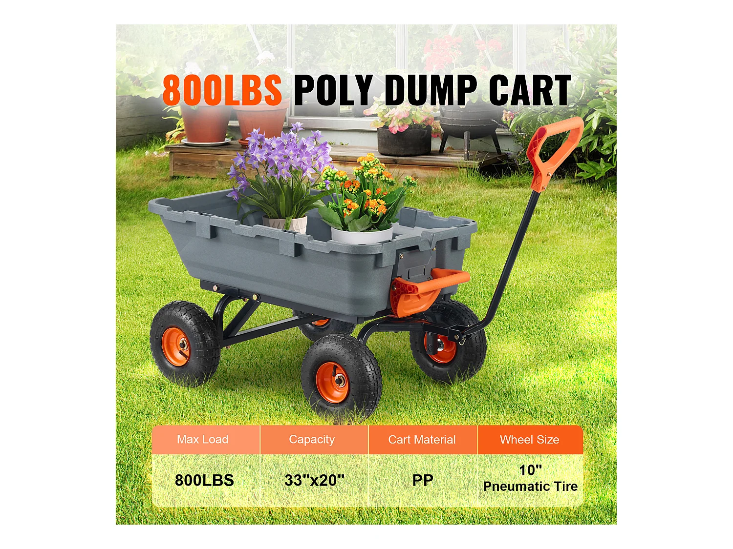 Chariot de Décharge Poly Jardin SucceBuy, Chariot de Jardin Robuste, Capacité de Charge 363 kg, Pneus 25,4 cm, avec Cadre en Acier