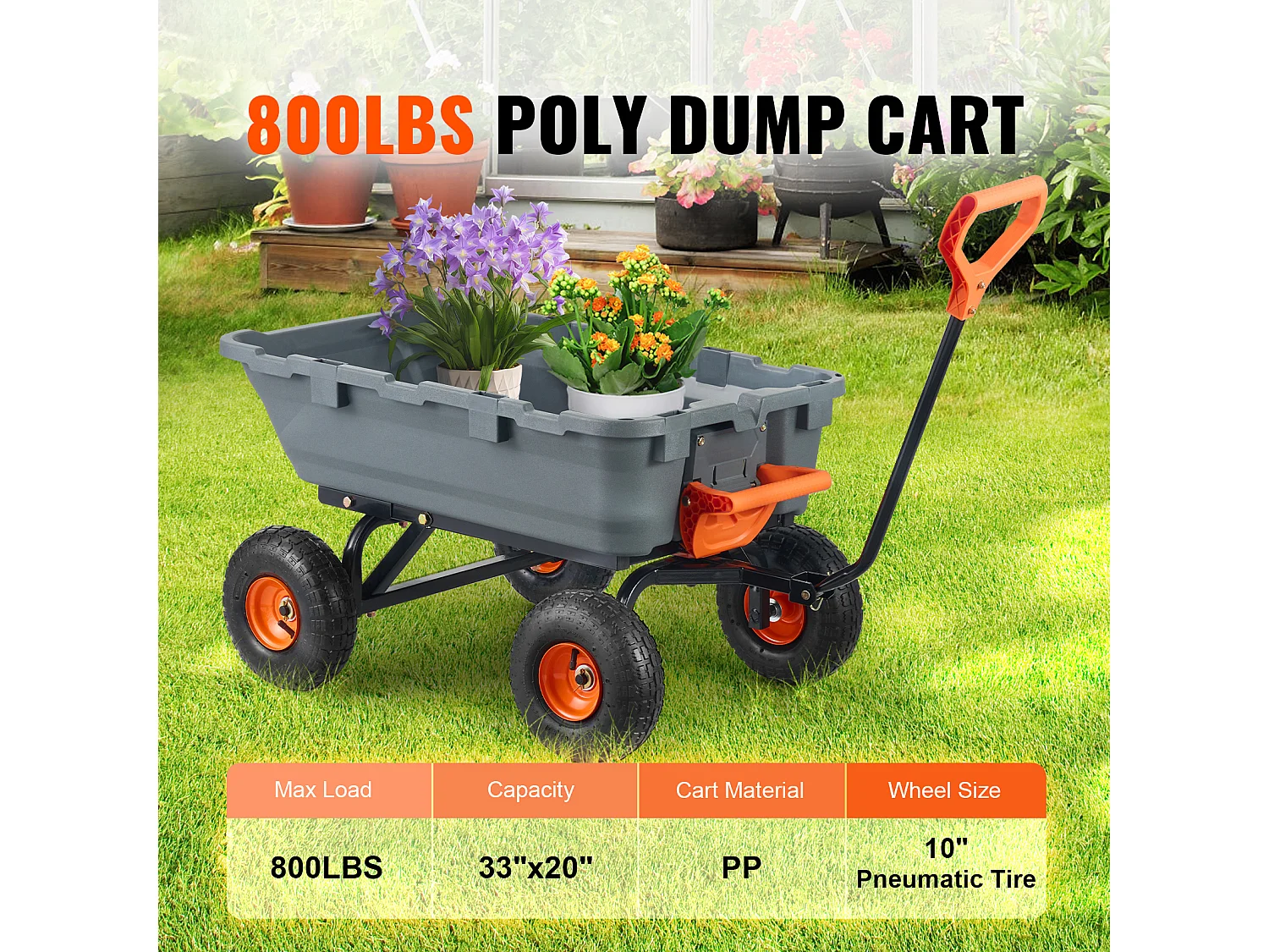 Carretón de Descarga de Polietileno para Jardín SucceBuy, Carretón de Jardín Robusto, Capacidad de Carga 363 kg, Neumáticos 25,4 cm, con Armazón de Acero