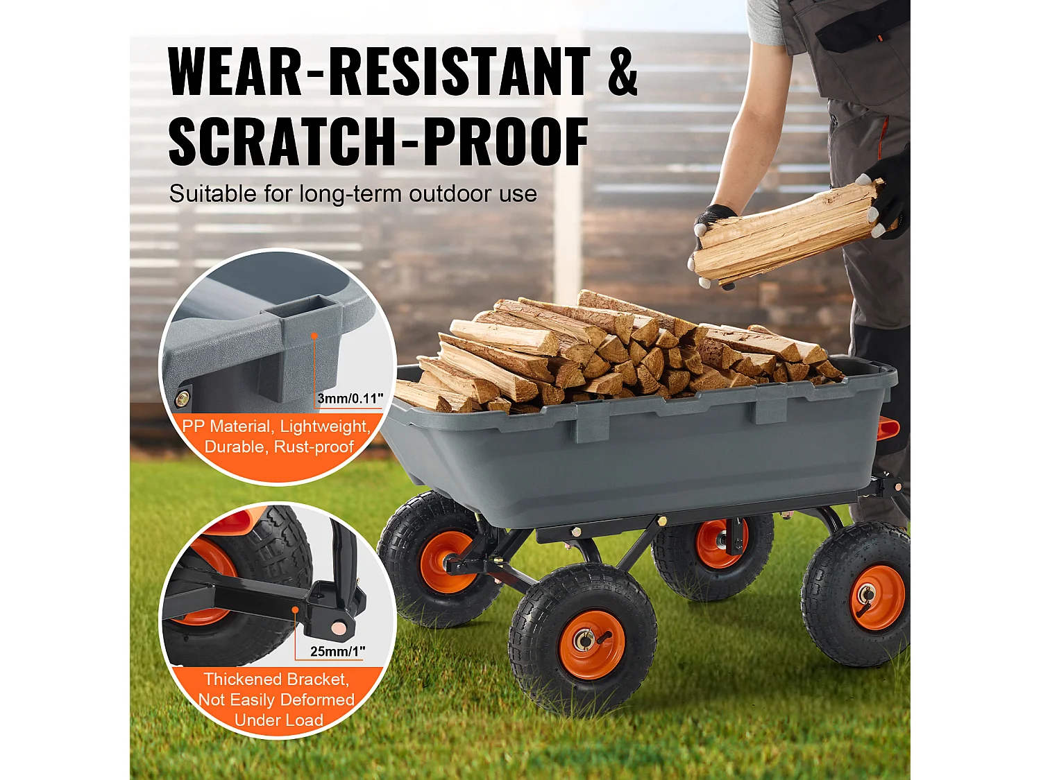 Carretón de Descarga de Polietileno para Jardín SucceBuy, Carretón de Jardín Robusto, Capacidad de Carga 363 kg, Neumáticos 25,4 cm, con Armazón de Acero