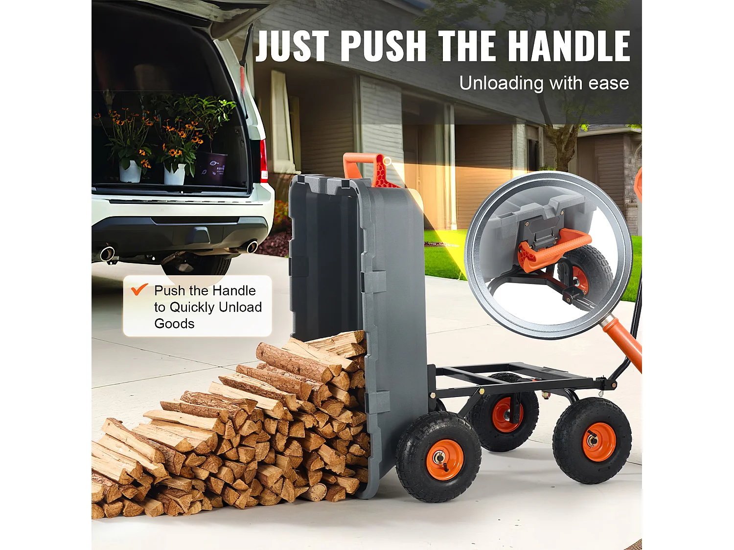 Carretón de Descarga de Polietileno para Jardín SucceBuy, Carretón de Jardín Robusto, Capacidad de Carga 363 kg, Neumáticos 25,4 cm, con Armazón de Acero