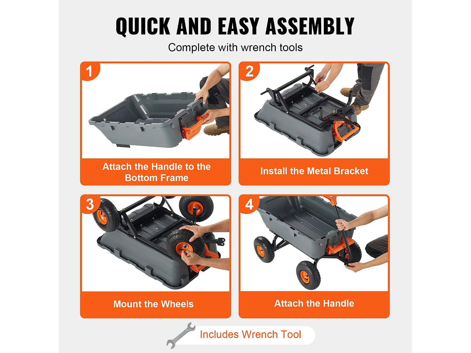 Carretón de Descarga de Polietileno para Jardín SucceBuy, Carretón de Jardín Robusto, Capacidad de Carga 363 kg, Neumáticos 25,4 cm, con Armazón de Acero
