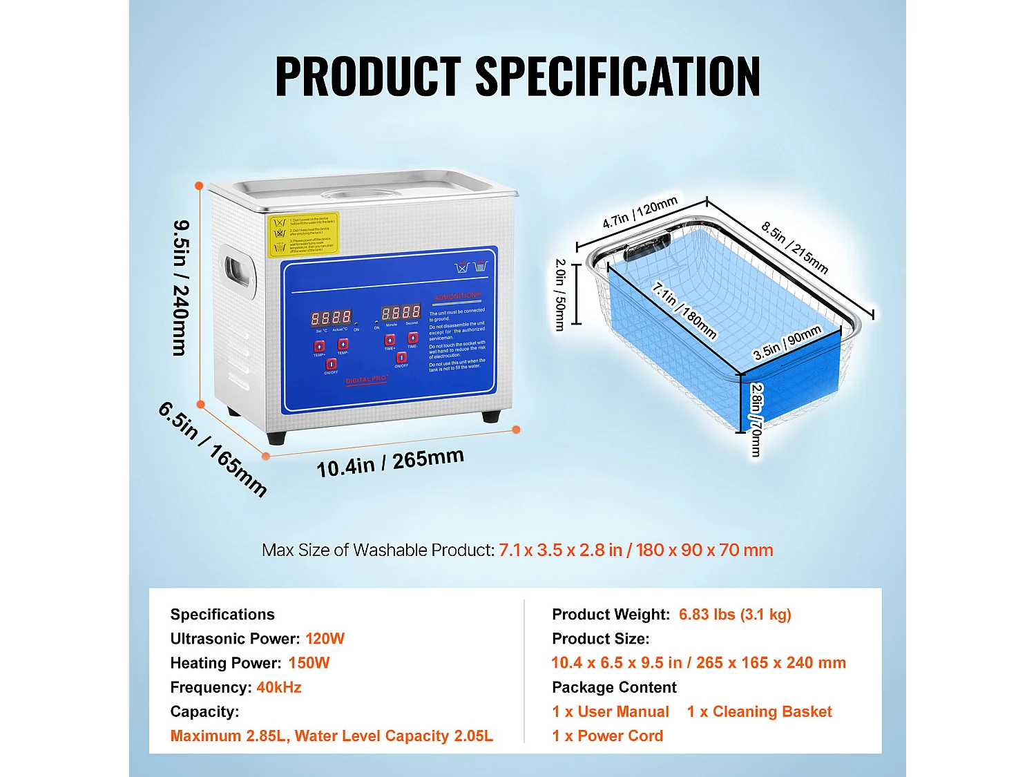 Nettoyeur Ultrasonique Professionnel SucceBuy de 2.85L, Minuterie Numérique et Chauffage, Acier Inoxydable