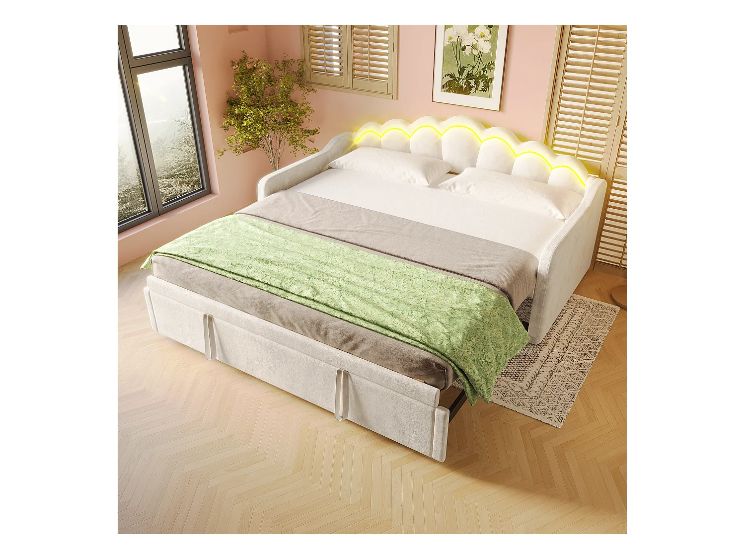 lit gigogne - 90/180 x 200 cm - canapé-lit avec Leds - sans matelas - velours + MDF - beige