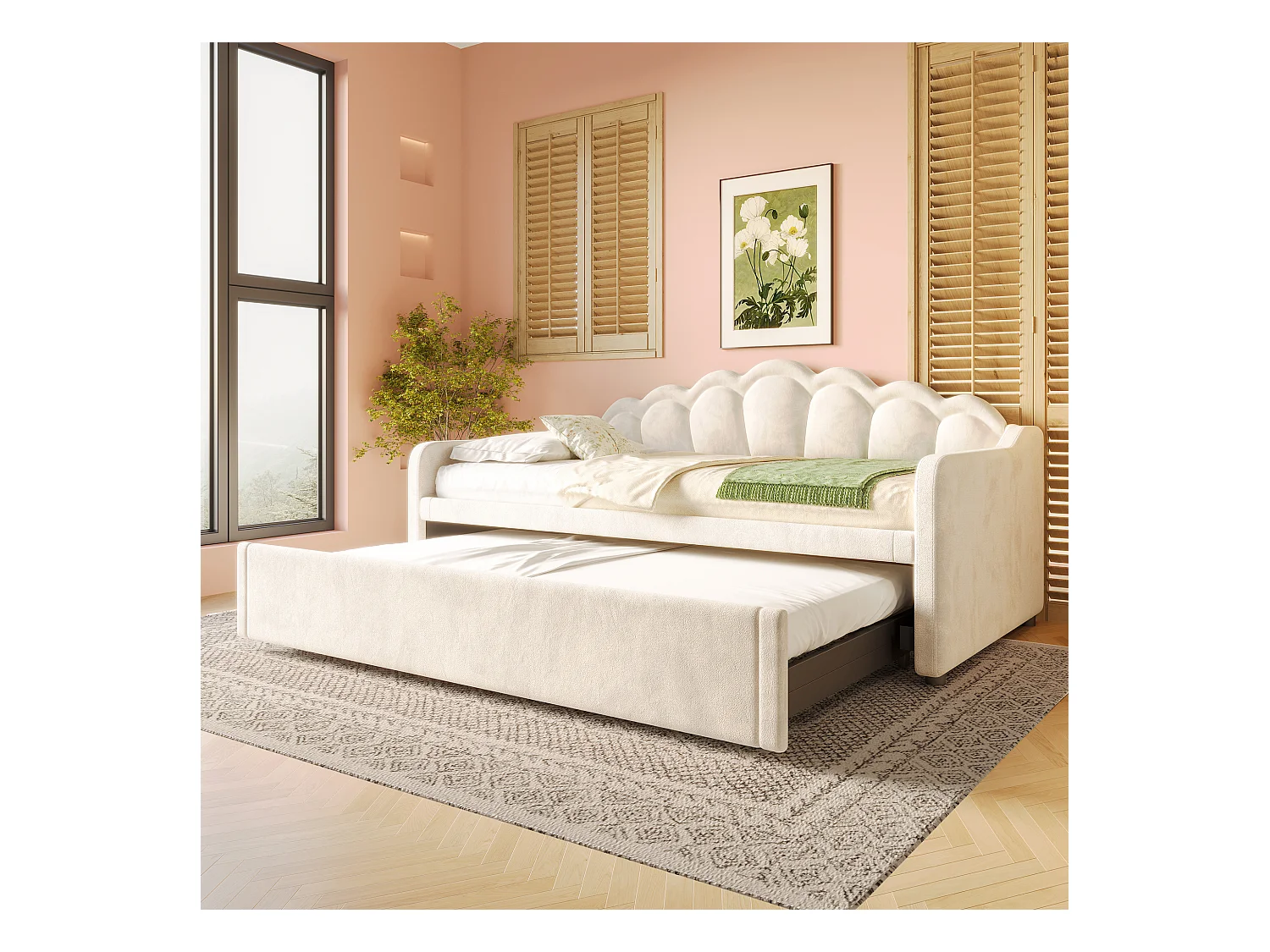 lit gigogne - 90/180 x 200 cm - canapé-lit avec Leds - sans matelas - velours + MDF - beige