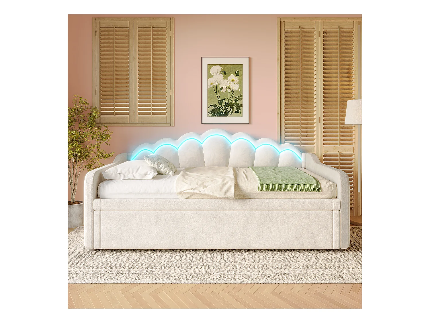 lit gigogne - 90/180 x 200 cm - canapé-lit avec Leds - sans matelas - velours + MDF - beige