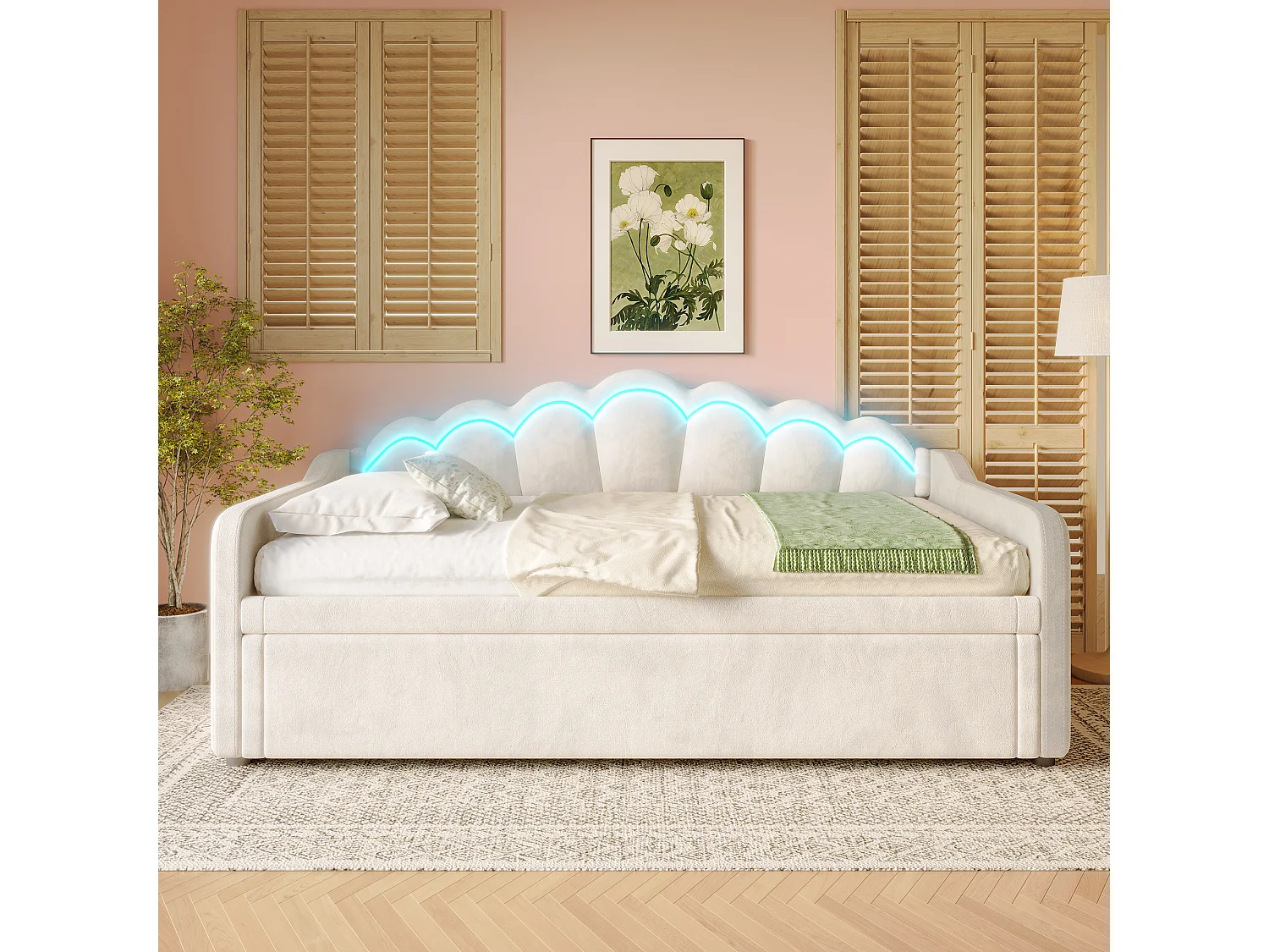 lit gigogne - 90/180 x 200 cm - canapé-lit avec Leds - sans matelas - velours + MDF - beige