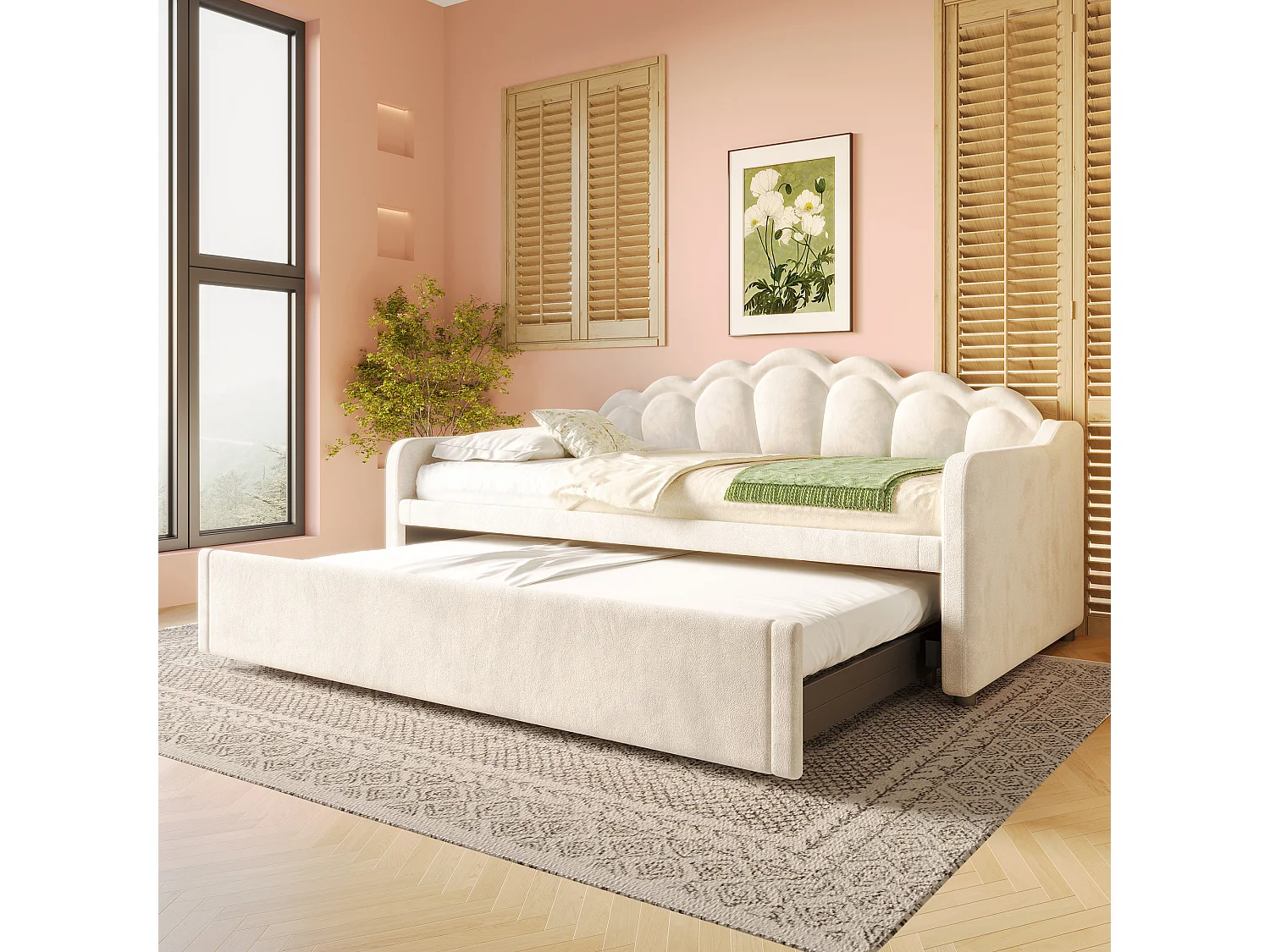 lit gigogne - 90/180 x 200 cm - canapé-lit avec Leds - sans matelas - velours + MDF - beige