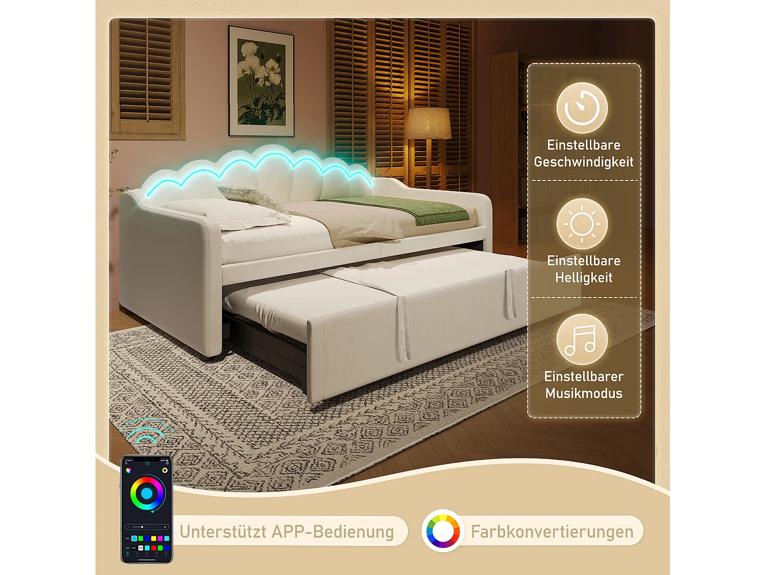 Ausziehbett – 90/180 x 200 cm – Schlafsofa mit LED-Beleuchtung – ohne Matratze – Samt + MDF – Beige