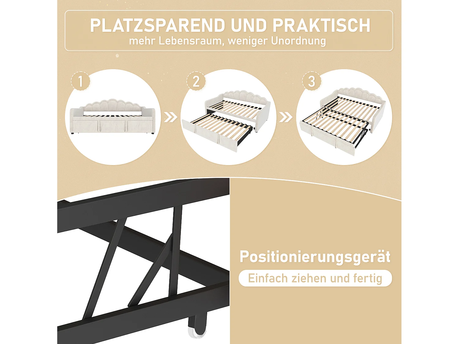 Ausziehbett – 90/180 x 200 cm – Schlafsofa mit LED-Beleuchtung – ohne Matratze – Samt + MDF – Beige