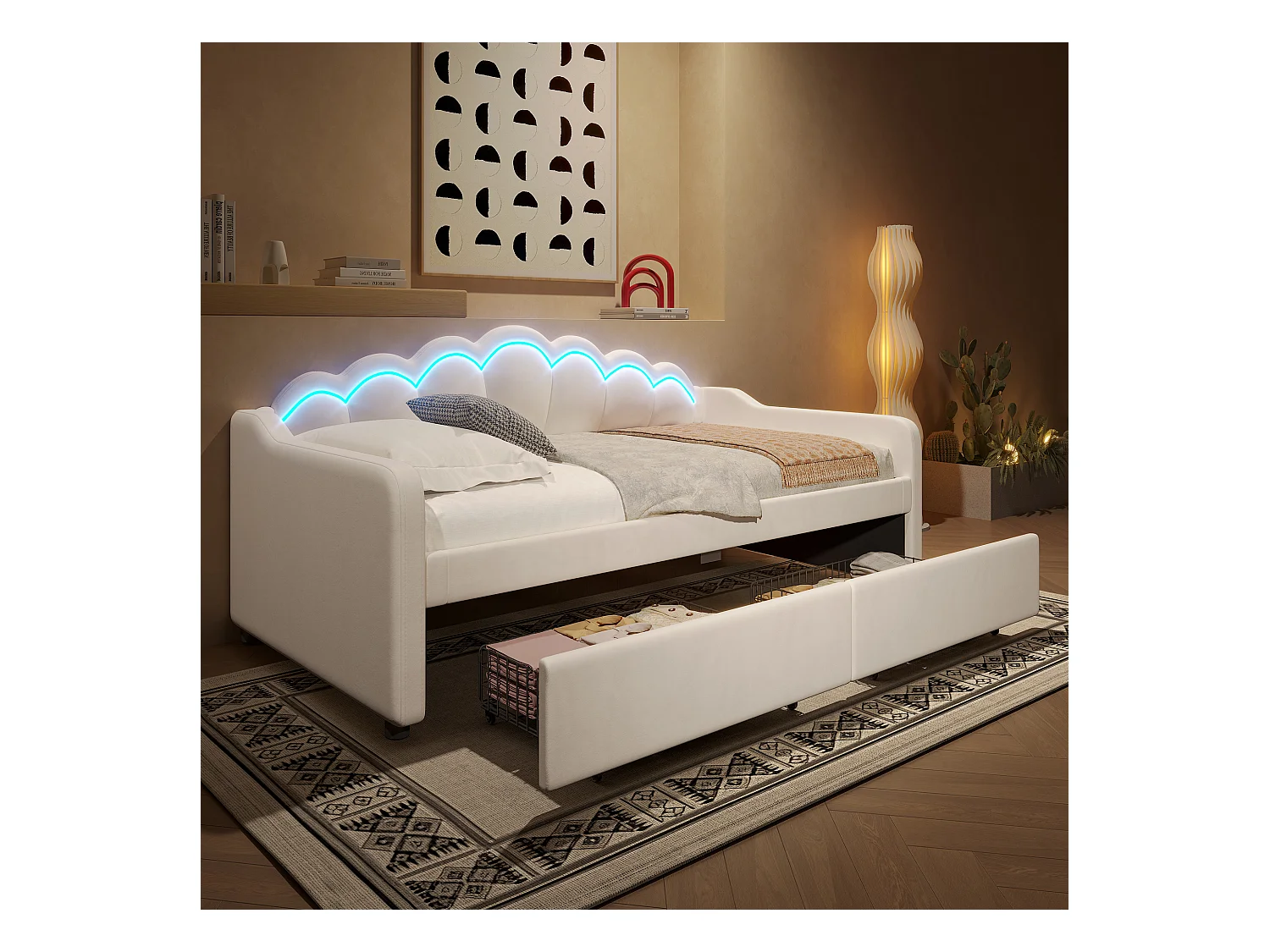 lit coffre - 90 x 200 cm - 2 tiroirs - canapé-lit avec Leds - sans matelas - velours + MDF - beige