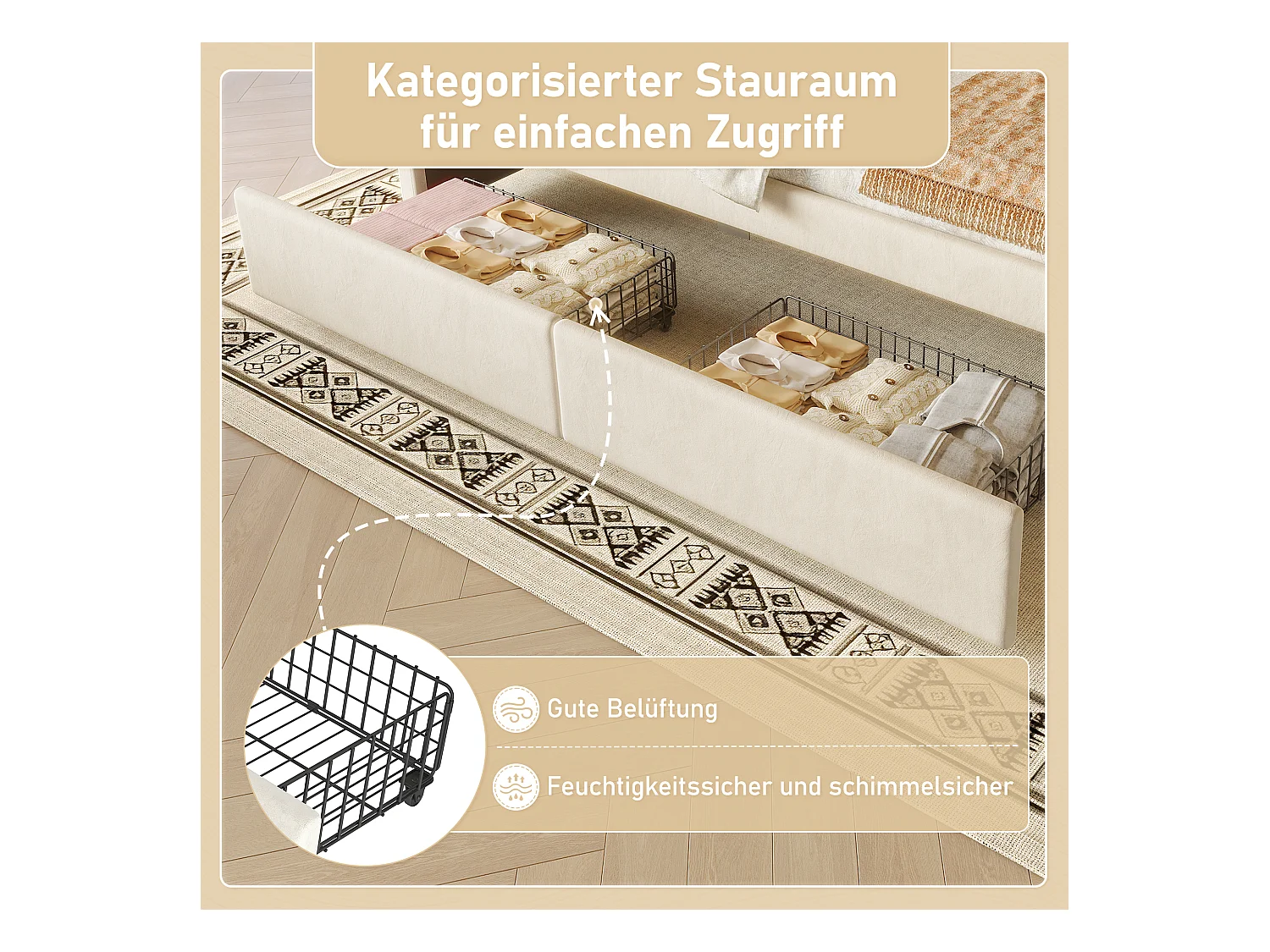 lit coffre - 90 x 200 cm - 2 tiroirs - canapé-lit avec Leds - sans matelas - velours + MDF - beige