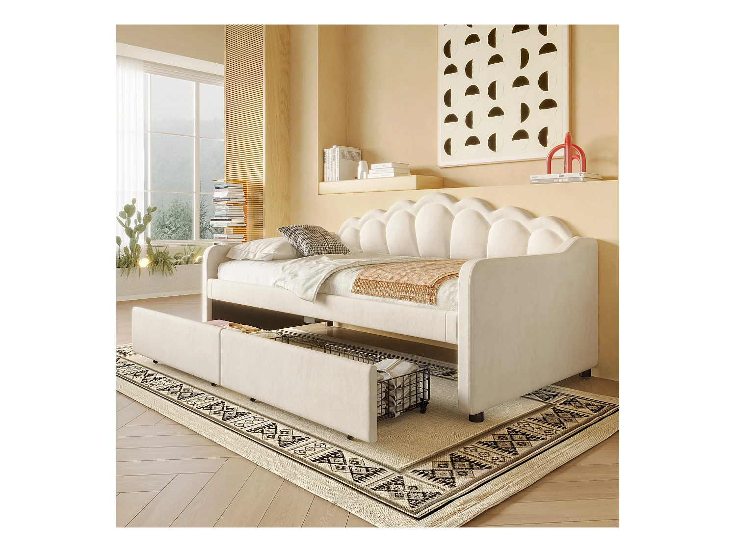 lit coffre - 90 x 200 cm - 2 tiroirs - canapé-lit avec Leds - sans matelas - velours + MDF - beige