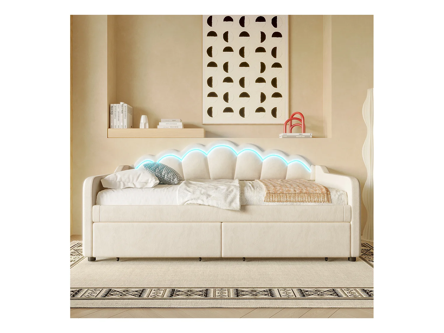 lit coffre - 90 x 200 cm - 2 tiroirs - canapé-lit avec Leds - sans matelas - velours + MDF - beige