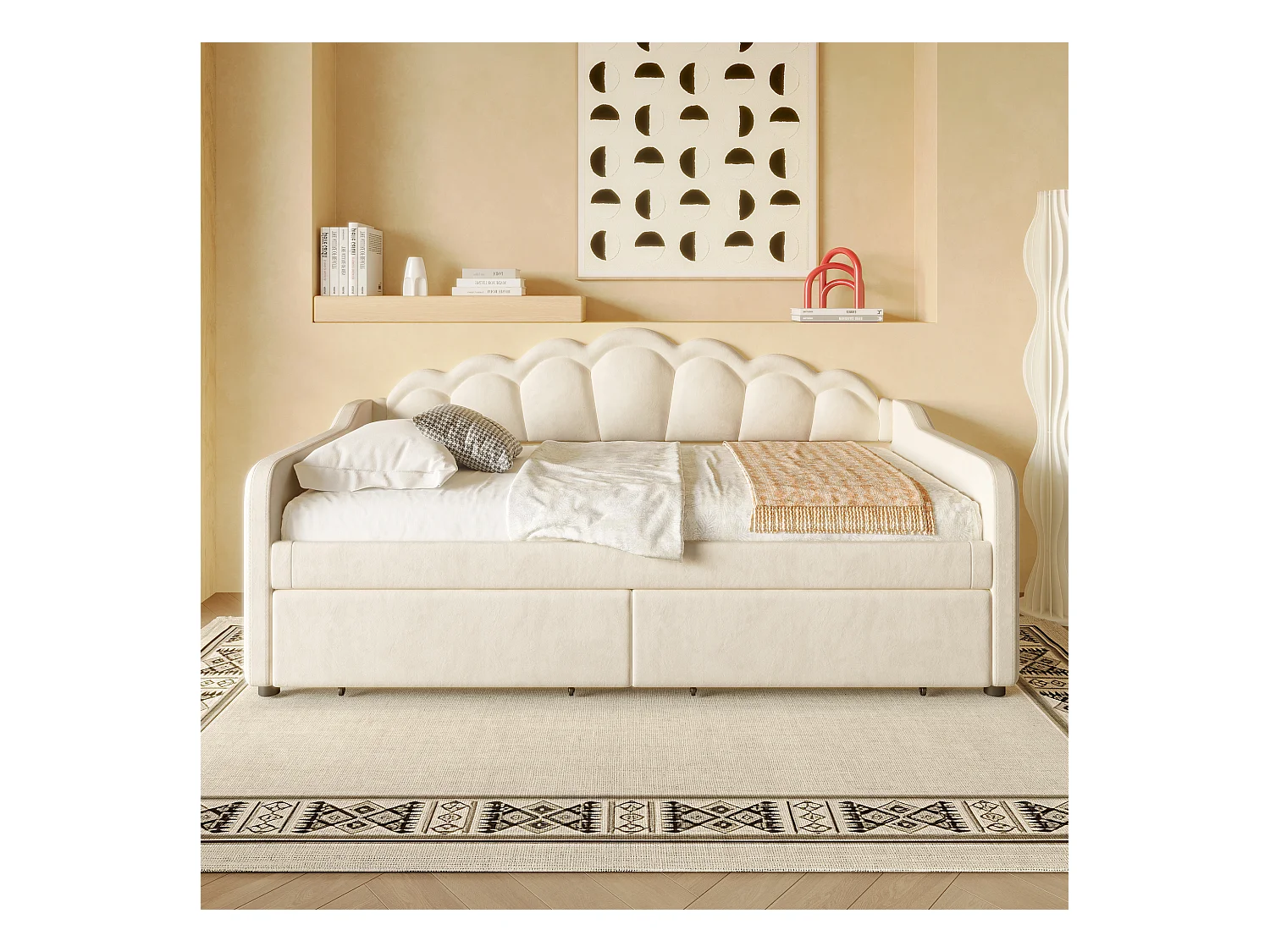 lit coffre - 90 x 200 cm - 2 tiroirs - canapé-lit avec Leds - sans matelas - velours + MDF - beige