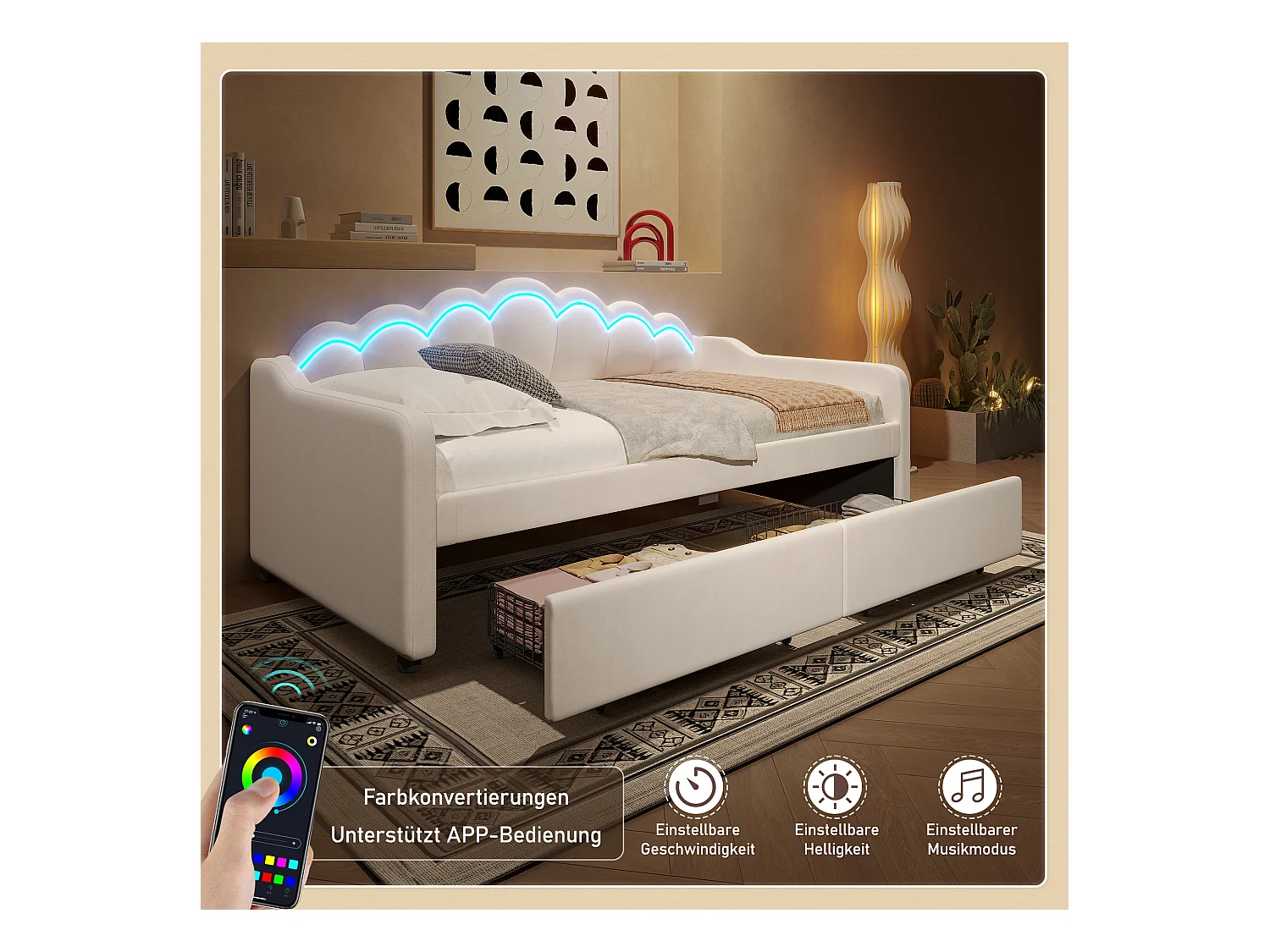 lit coffre - 90 x 200 cm - 2 tiroirs - canapé-lit avec Leds - sans matelas - velours + MDF - beige