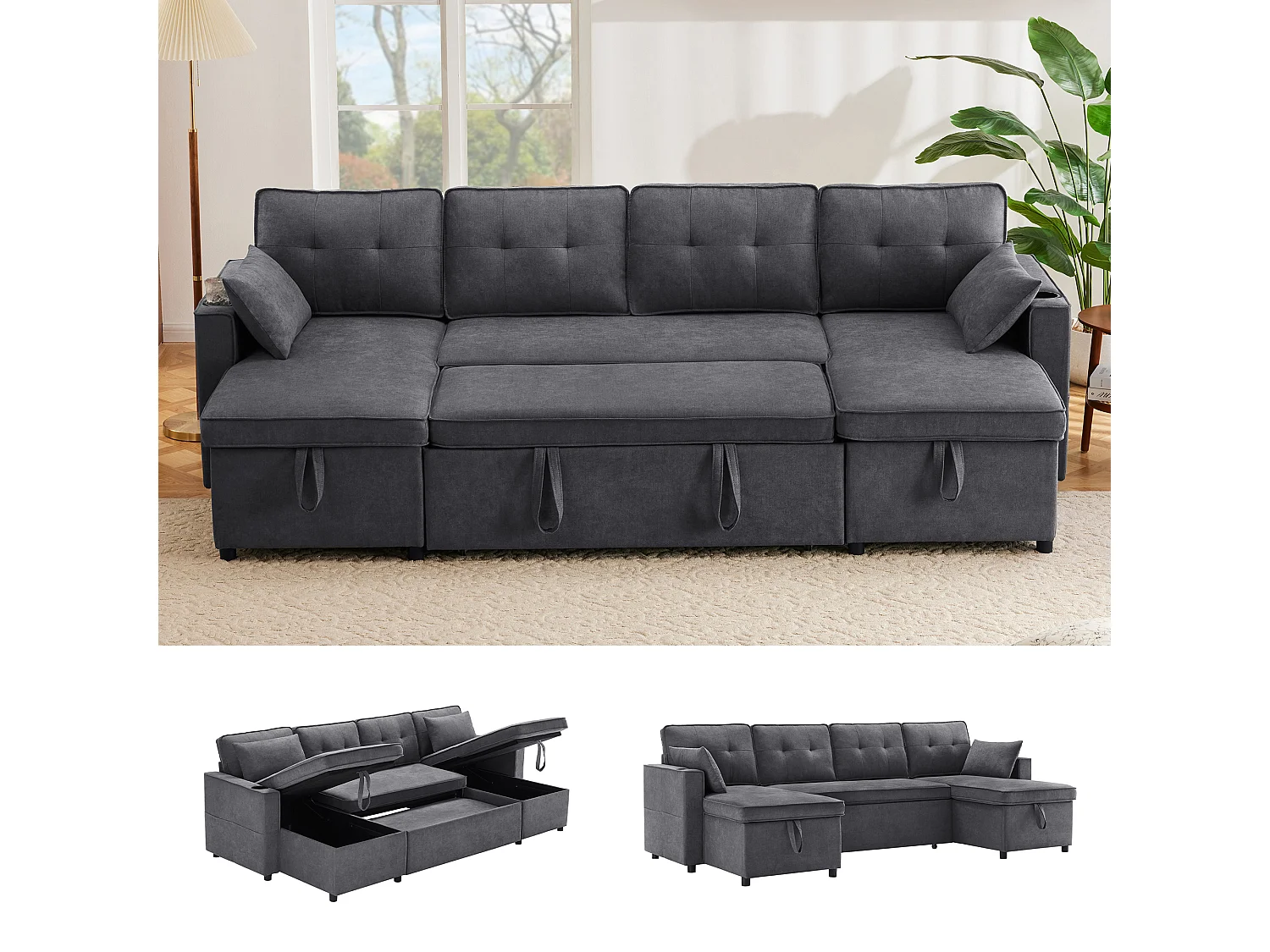 U-förmiges gepolstertes Schlafsofa – 100 x 250 cm – mit Getränkehalter und 2 Ablagefächern – Baumwoll- und Leinenstoffe – grau