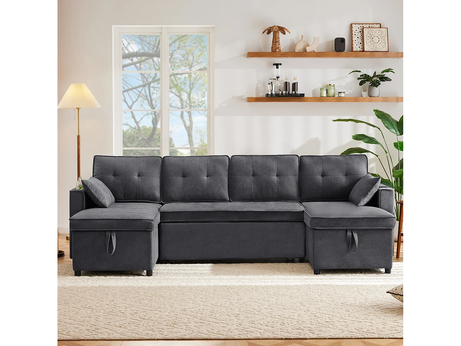 U-förmiges gepolstertes Schlafsofa – 100 x 250 cm – mit Getränkehalter und 2 Ablagefächern – Baumwoll- und Leinenstoffe – grau