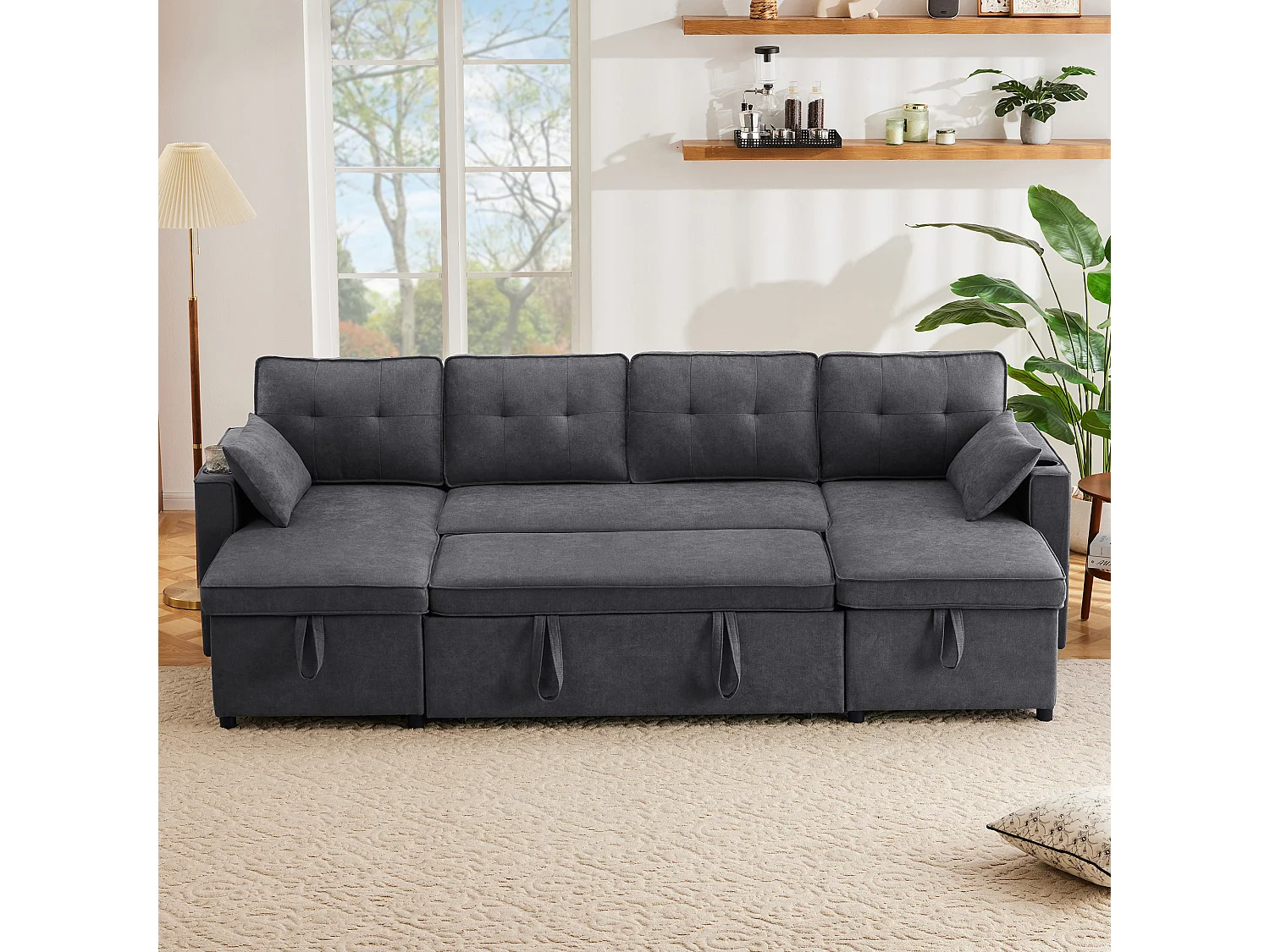 U-förmiges gepolstertes Schlafsofa – 100 x 250 cm – mit Getränkehalter und 2 Ablagefächern – Baumwoll- und Leinenstoffe – grau