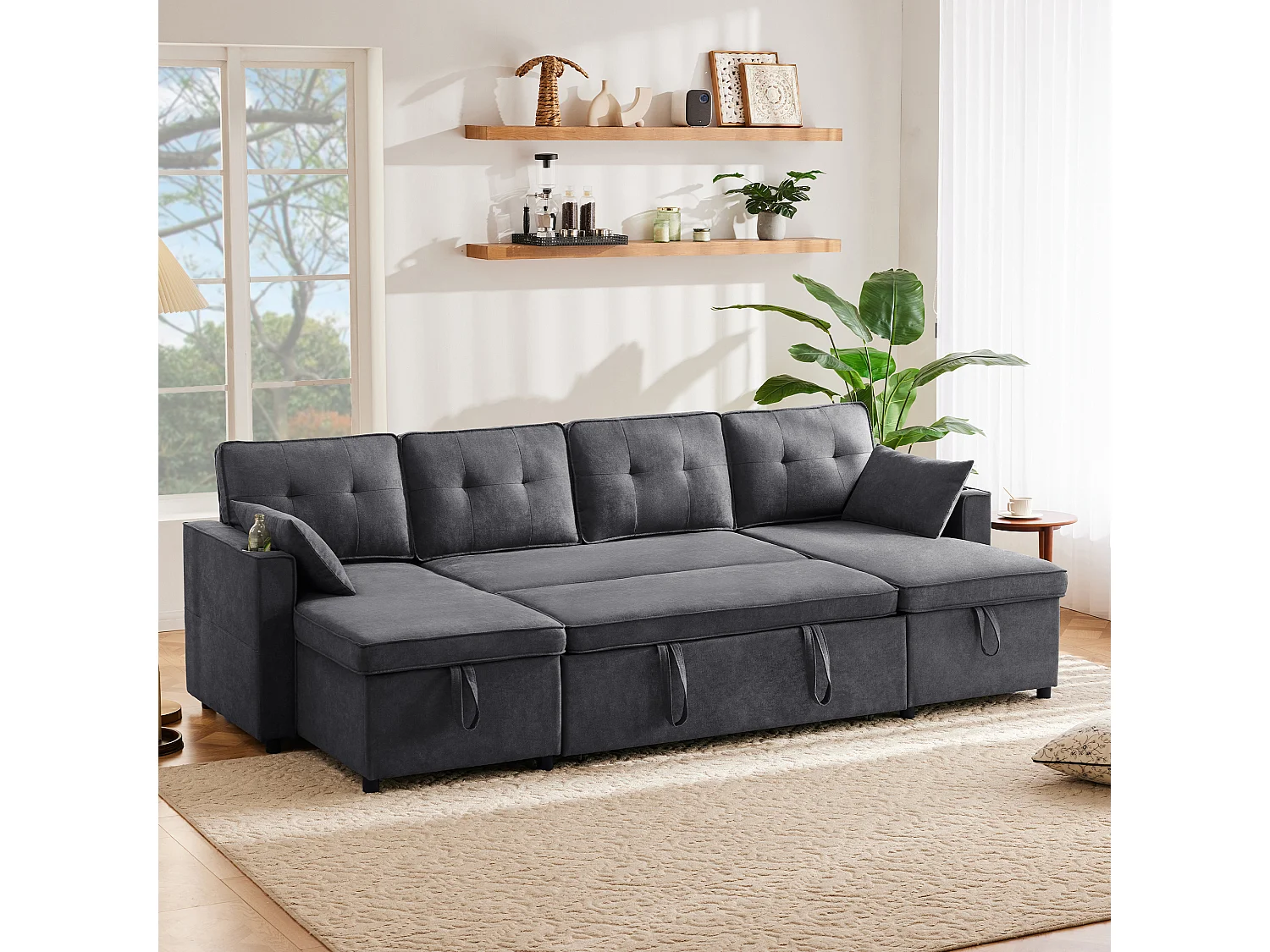 U-förmiges gepolstertes Schlafsofa – 100 x 250 cm – mit Getränkehalter und 2 Ablagefächern – Baumwoll- und Leinenstoffe – grau