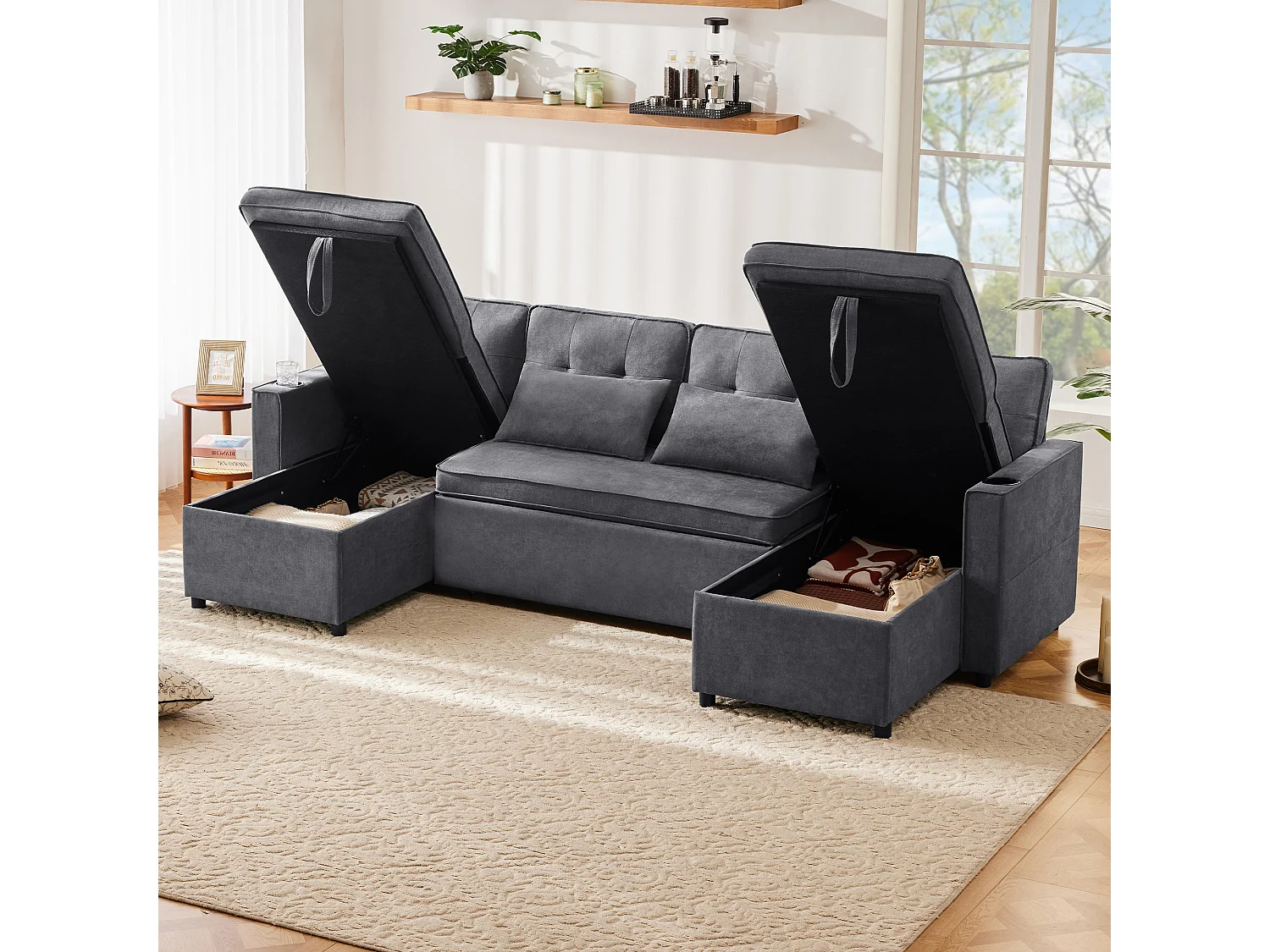 U-förmiges gepolstertes Schlafsofa – 100 x 250 cm – mit Getränkehalter und 2 Ablagefächern – Baumwoll- und Leinenstoffe – grau