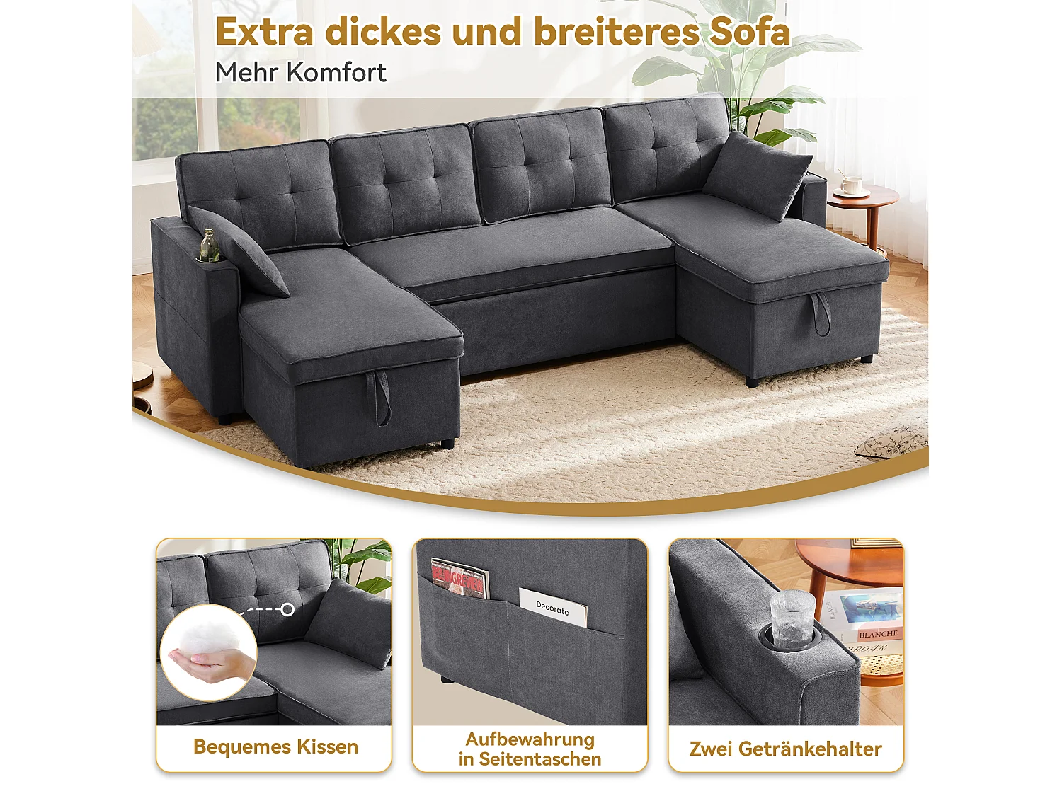U-förmiges gepolstertes Schlafsofa – 100 x 250 cm – mit Getränkehalter und 2 Ablagefächern – Baumwoll- und Leinenstoffe – grau