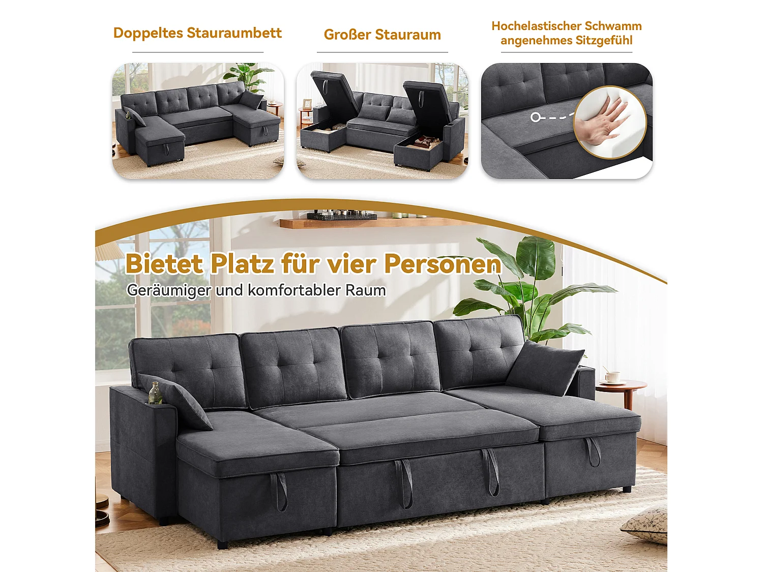U-förmiges gepolstertes Schlafsofa – 100 x 250 cm – mit Getränkehalter und 2 Ablagefächern – Baumwoll- und Leinenstoffe – grau