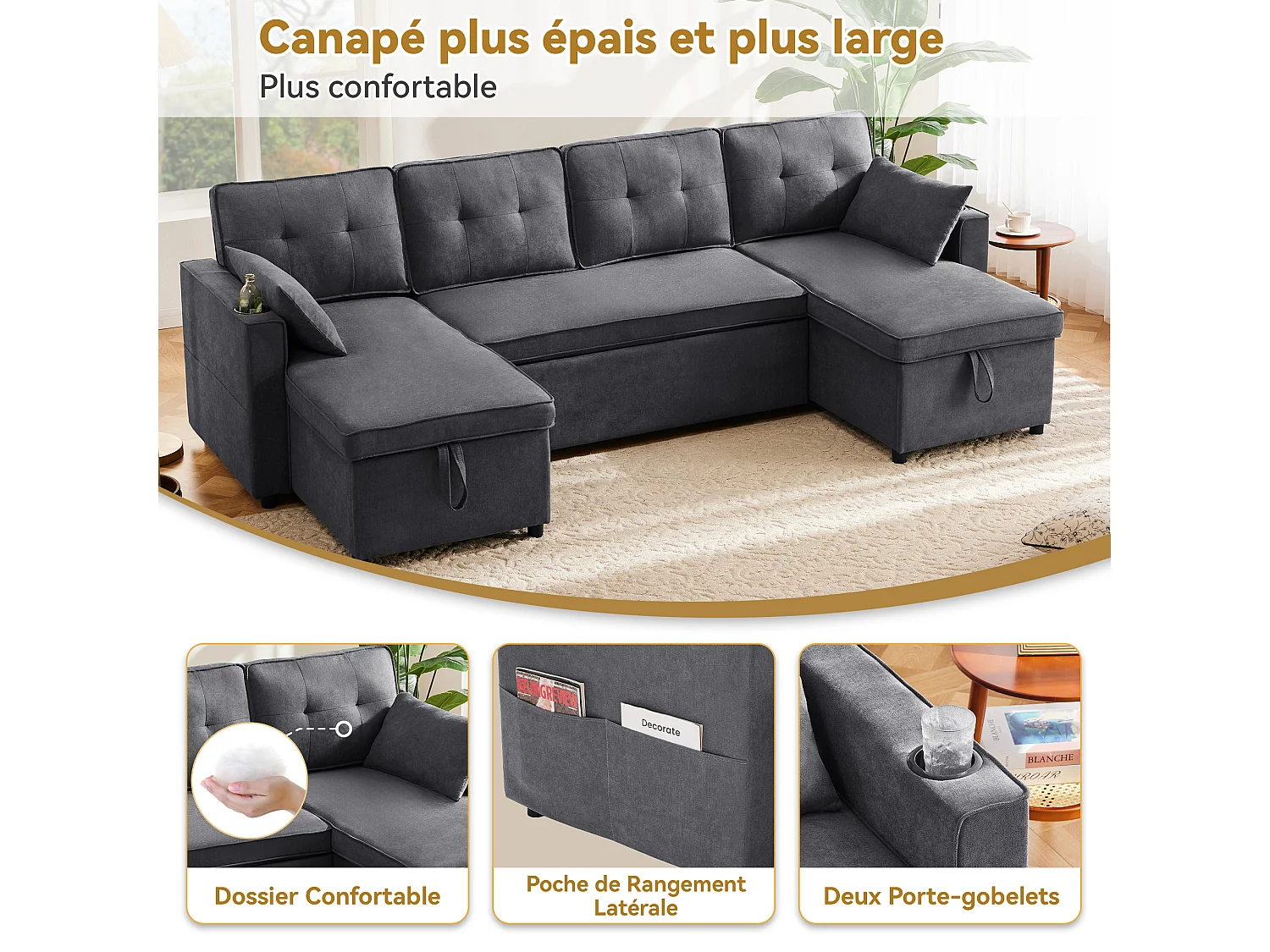 U-förmiges gepolstertes Schlafsofa – 100 x 250 cm – mit Getränkehalter und 2 Ablagefächern – Baumwoll- und Leinenstoffe – grau