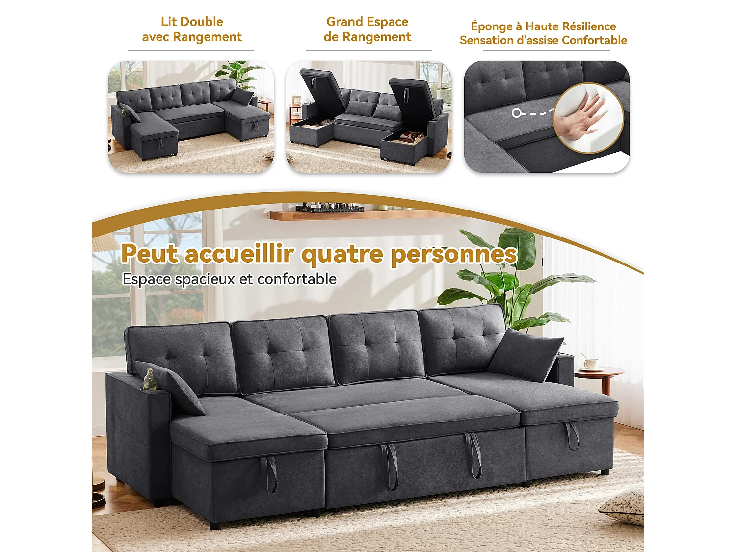 U-förmiges gepolstertes Schlafsofa – 100 x 250 cm – mit Getränkehalter und 2 Ablagefächern – Baumwoll- und Leinenstoffe – grau