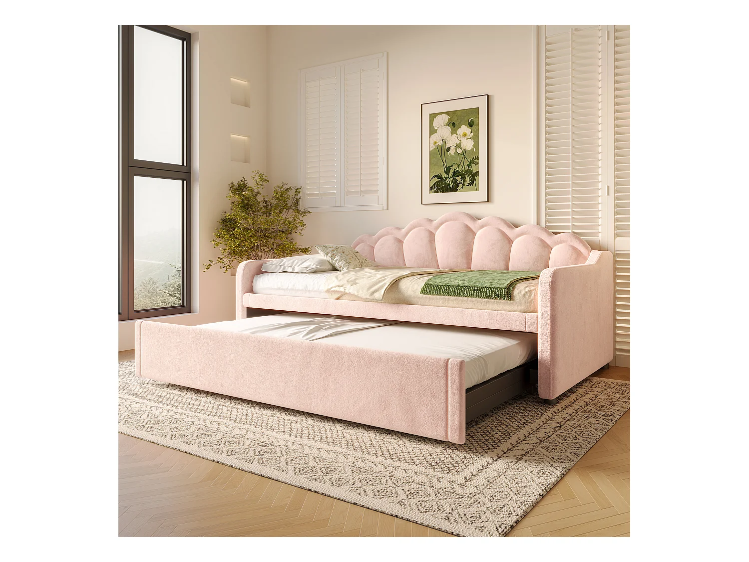 lit gigogne - 90/180 x 200 cm - canapé-lit avec Leds - sans matelas - velours + MDF - Rose
