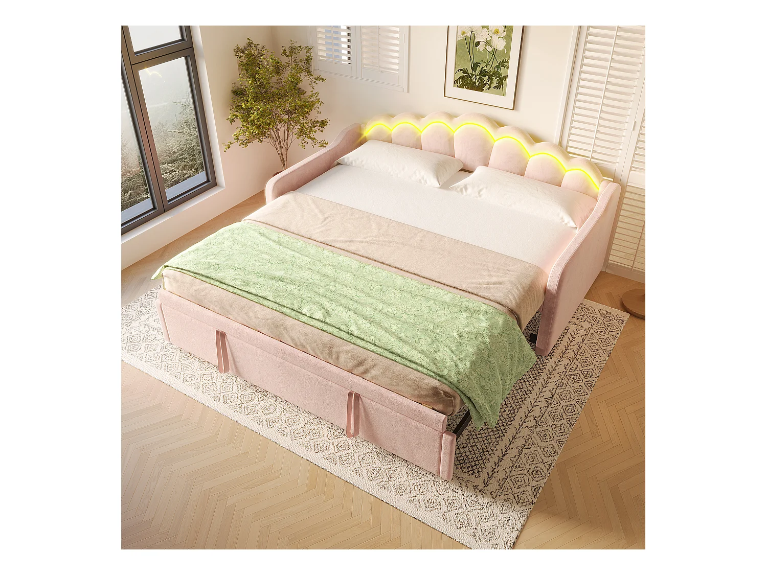 lit gigogne - 90/180 x 200 cm - canapé-lit avec Leds - sans matelas - velours + MDF - Rose