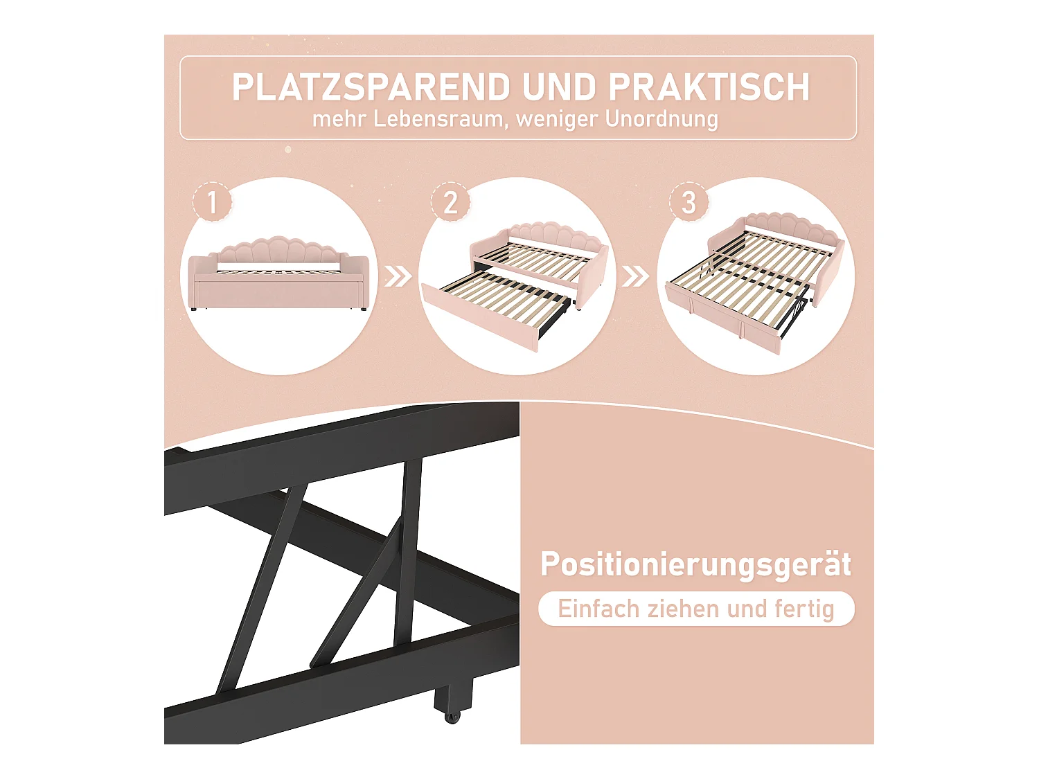 lit gigogne - 90/180 x 200 cm - canapé-lit avec Leds - sans matelas - velours + MDF - Rose