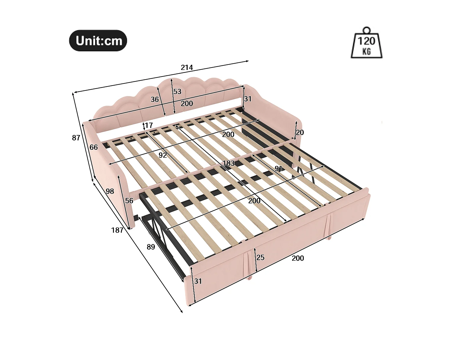 Ausziehbett - 90/180 x 200 cm - Schlafsofa mit LEDs - ohne Matratze - Samt + MDF - Rosa