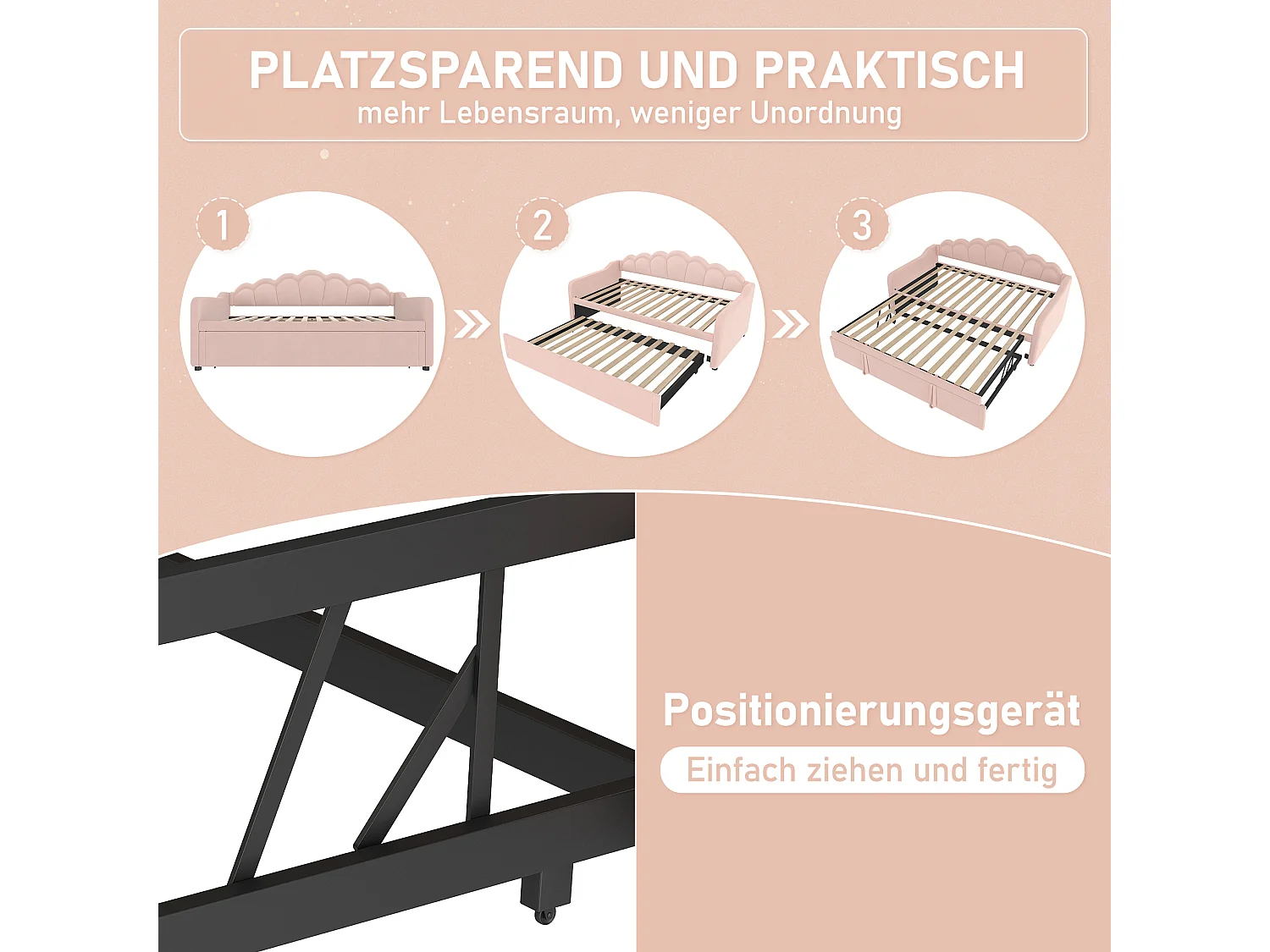 Ausziehbett - 90/180 x 200 cm - Schlafsofa mit LEDs - ohne Matratze - Samt + MDF - Rosa