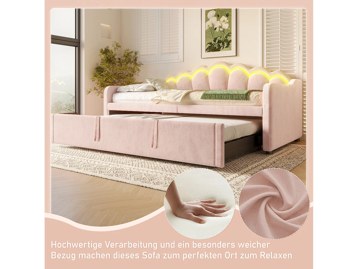 lit gigogne - 90/180 x 200 cm - canapé-lit avec Leds - sans matelas - velours + MDF - Rose