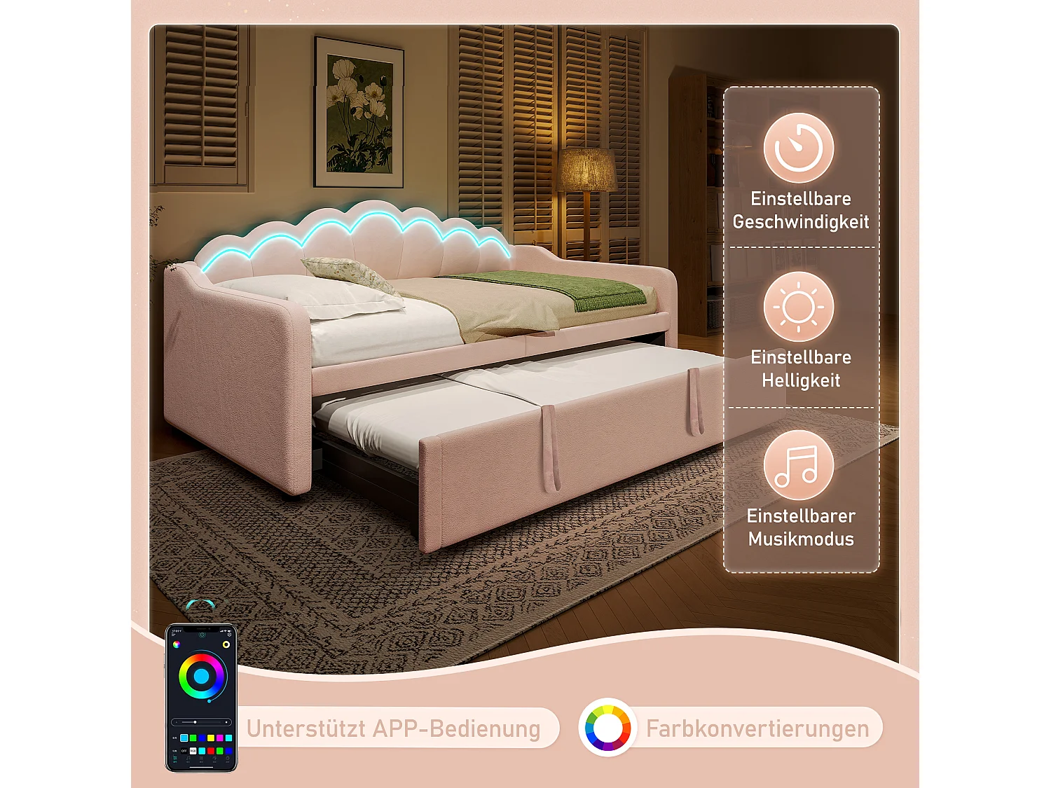 lit gigogne - 90/180 x 200 cm - canapé-lit avec Leds - sans matelas - velours + MDF - Rose