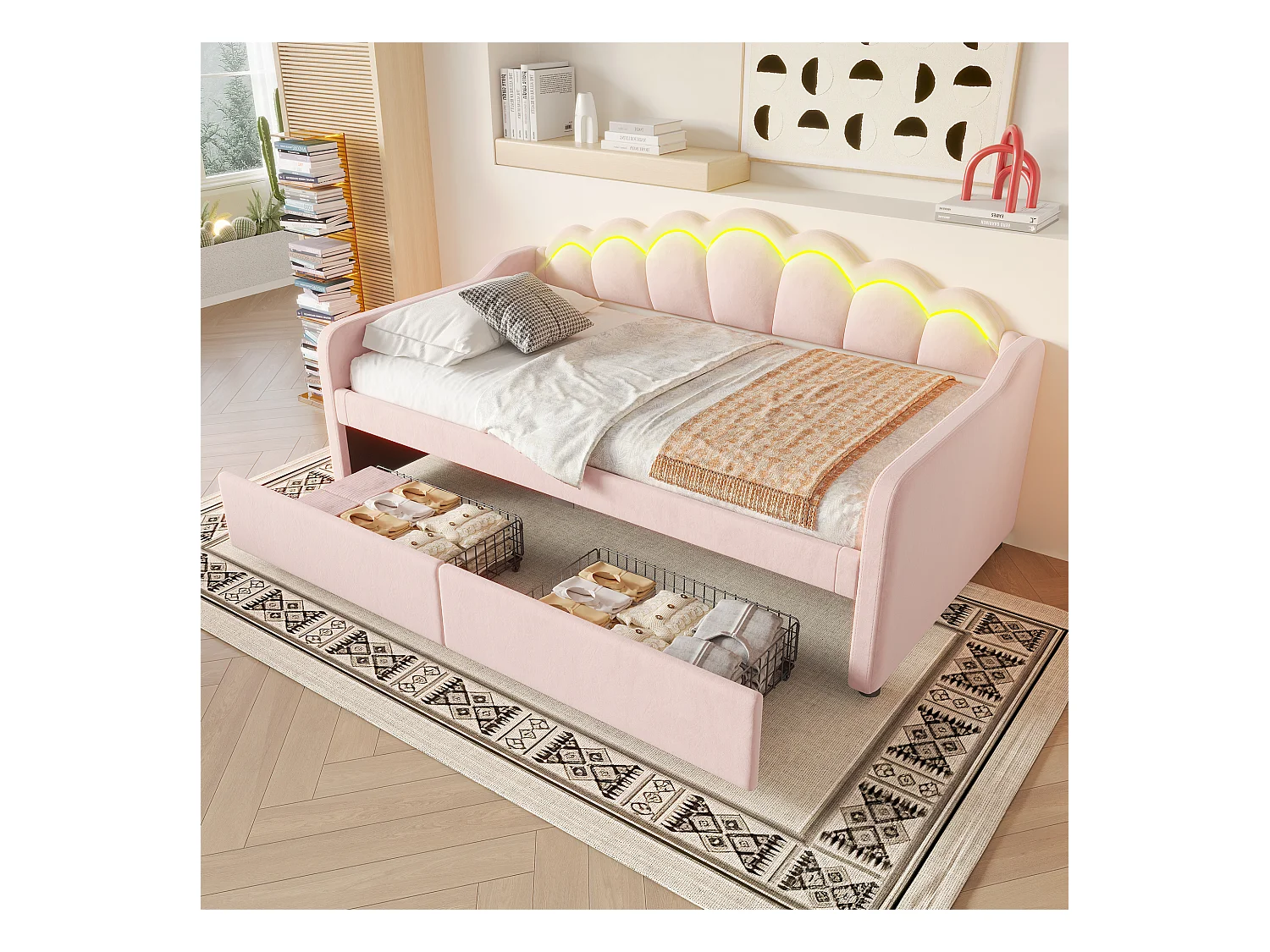 lit coffre - 90 x 200 cm - 2 tiroirs - canapé-lit avec Leds - sans matelas - velours + MDF - rose