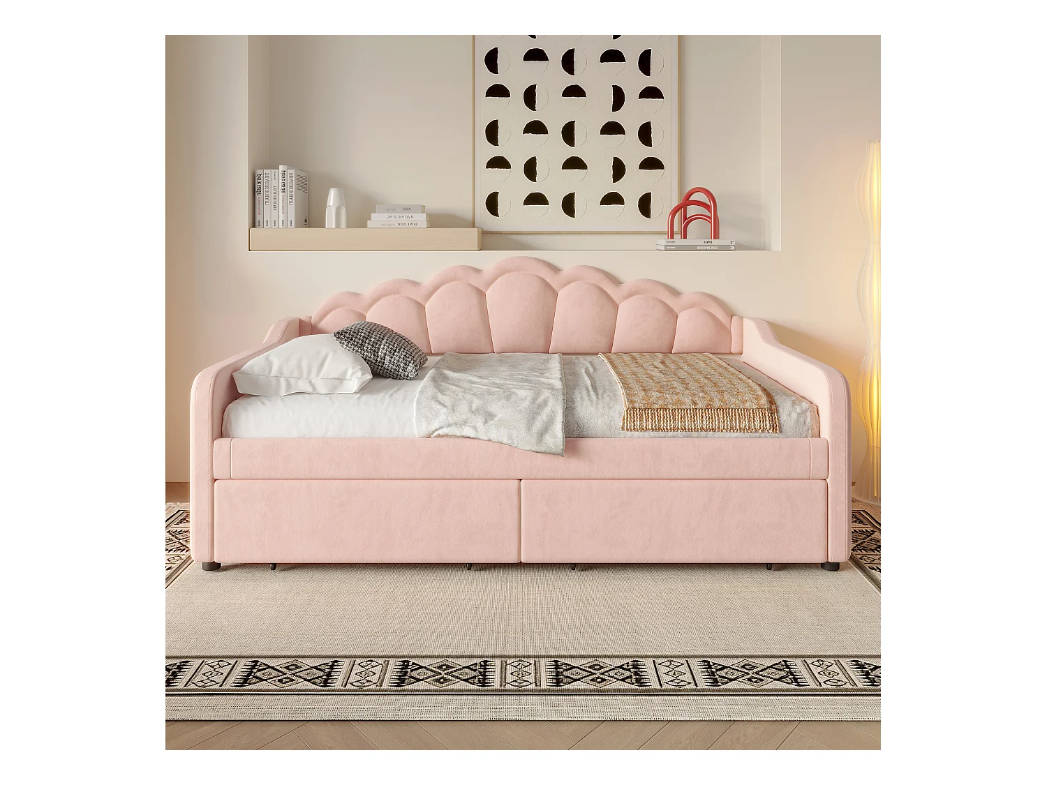 lit coffre - 90 x 200 cm - 2 tiroirs - canapé-lit avec Leds - sans matelas - velours + MDF - rose