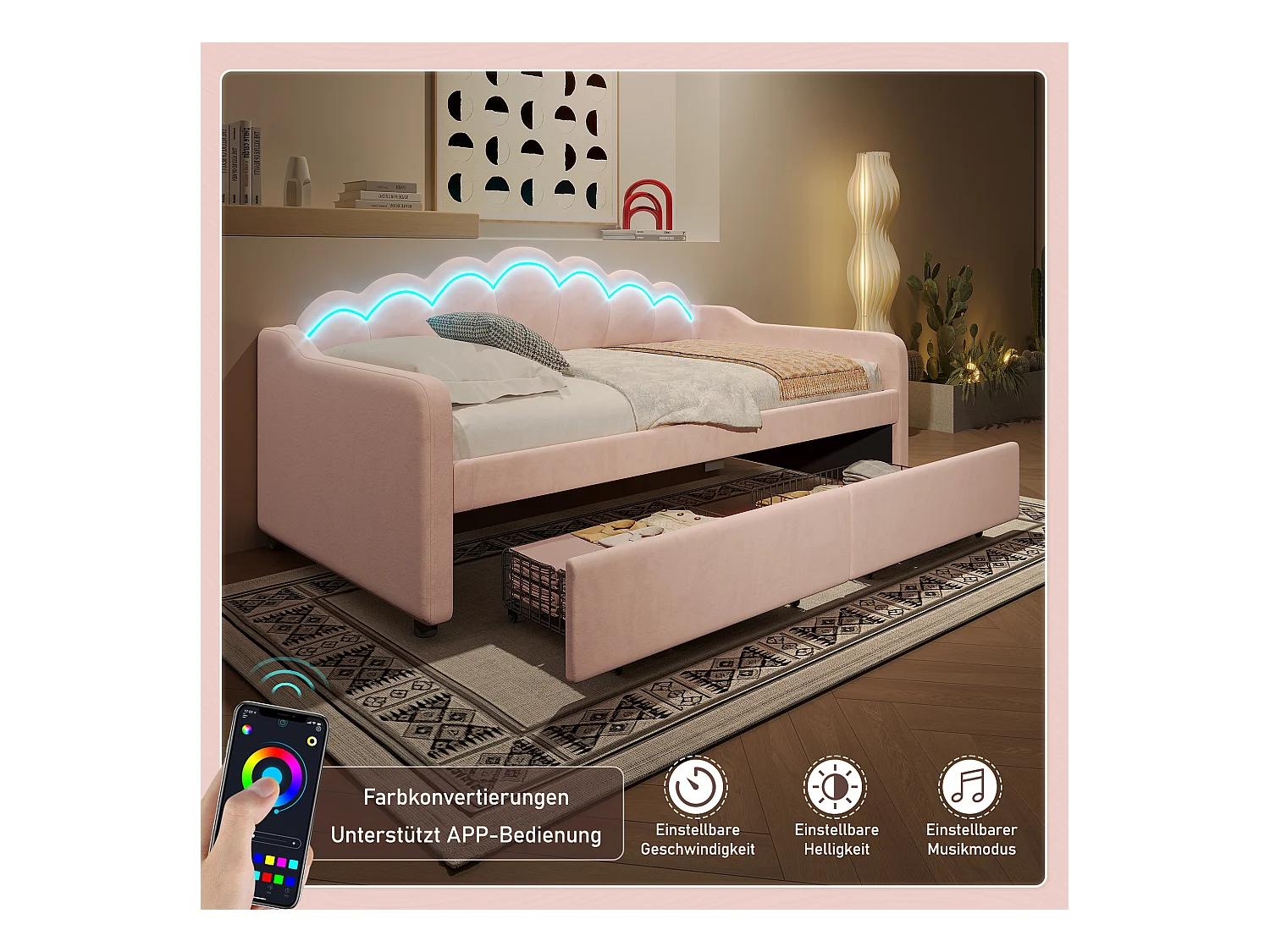 lit coffre - 90 x 200 cm - 2 tiroirs - canapé-lit avec Leds - sans matelas - velours + MDF - rose