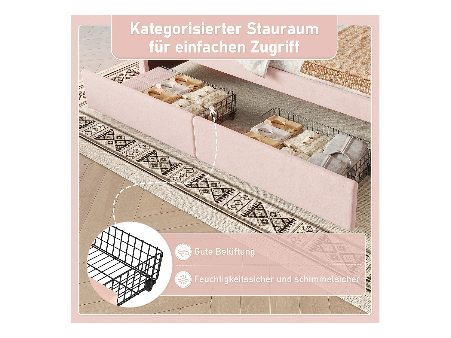 lit coffre - 90 x 200 cm - 2 tiroirs - canapé-lit avec Leds - sans matelas - velours + MDF - rose