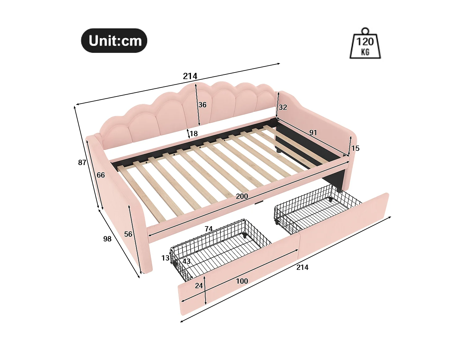 lit coffre - 90 x 200 cm - 2 tiroirs - canapé-lit avec Leds - sans matelas - velours + MDF - rose