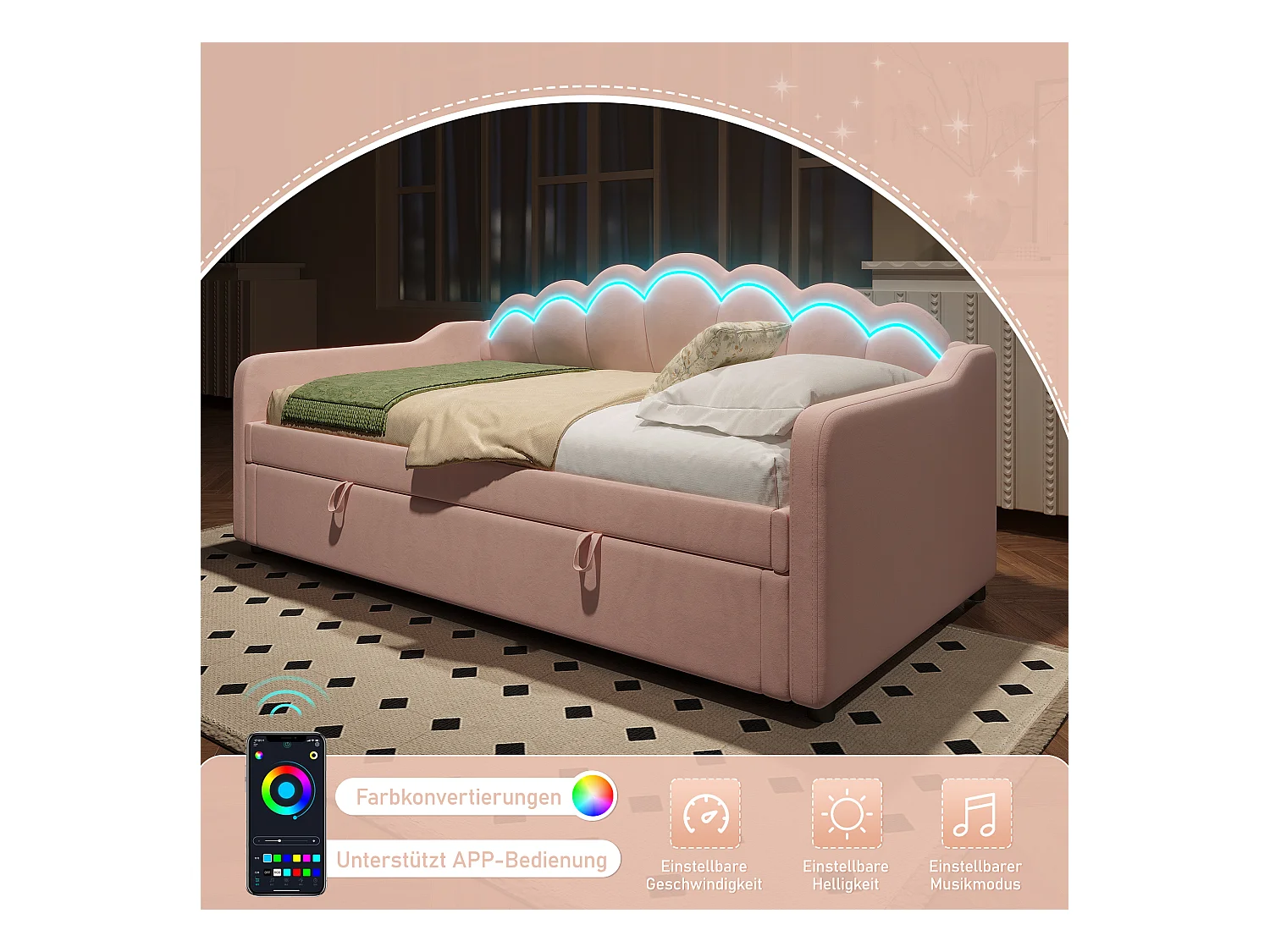lit coffre - 90 x 200 cm - canapé-lit avec Leds - sans matelas - velours + MDF - rose