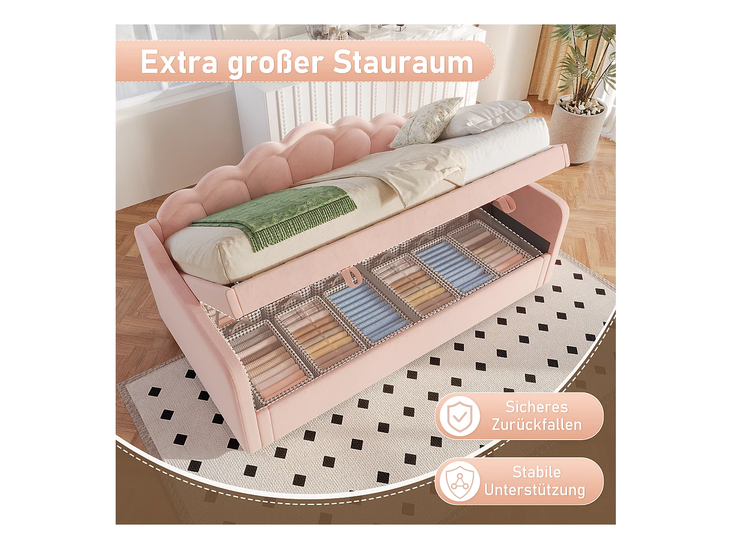 lit coffre - 90 x 200 cm - canapé-lit avec Leds - sans matelas - velours + MDF - rose