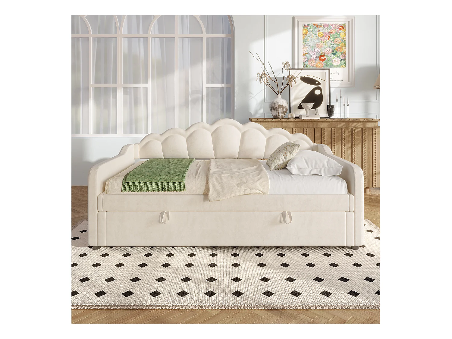 lit coffre - 90 x 200 cm - canapé-lit avec Leds - sans matelas - velours + MDF - beige