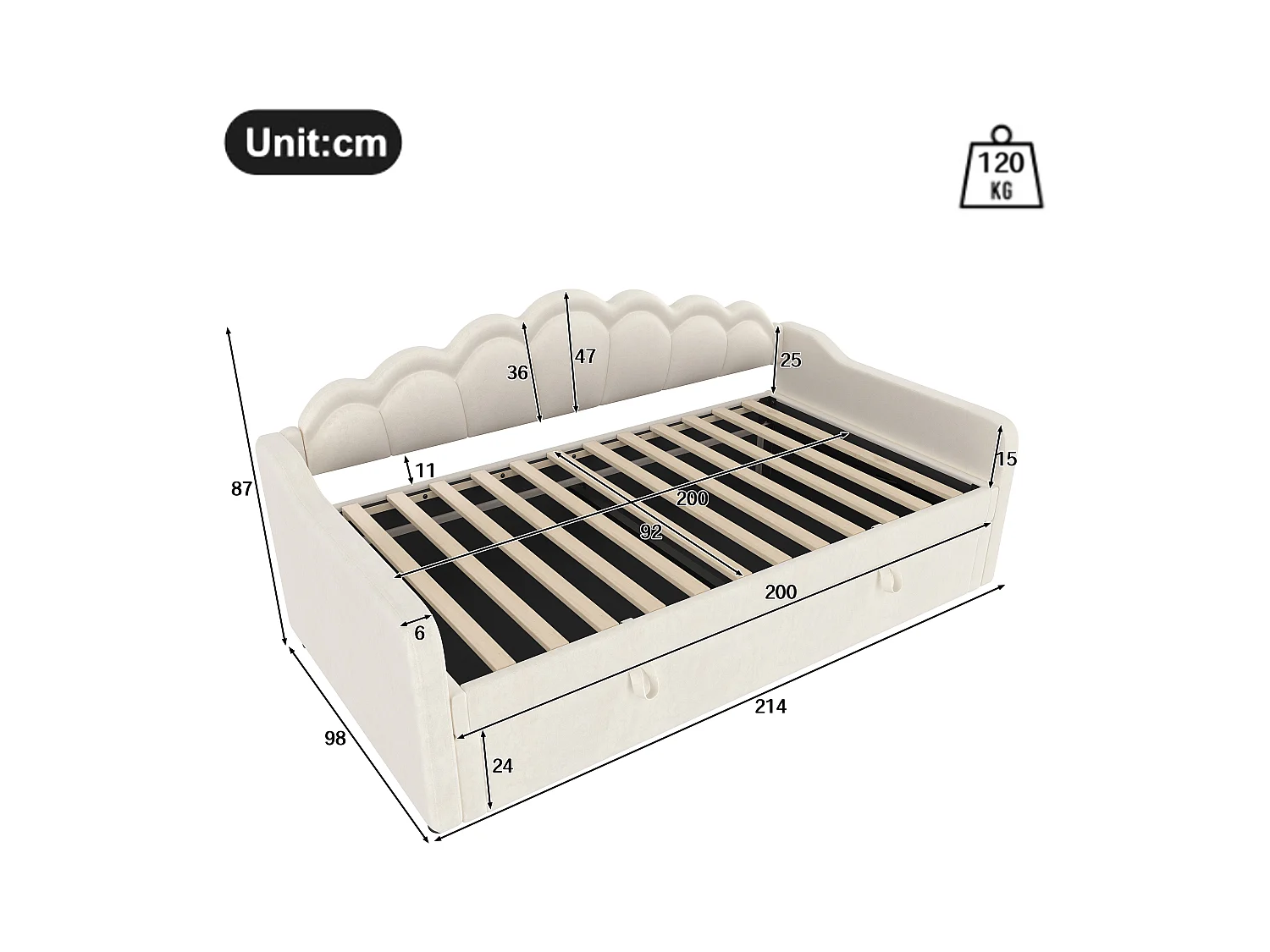 lit coffre - 90 x 200 cm - canapé-lit avec Leds - sans matelas - velours + MDF - beige