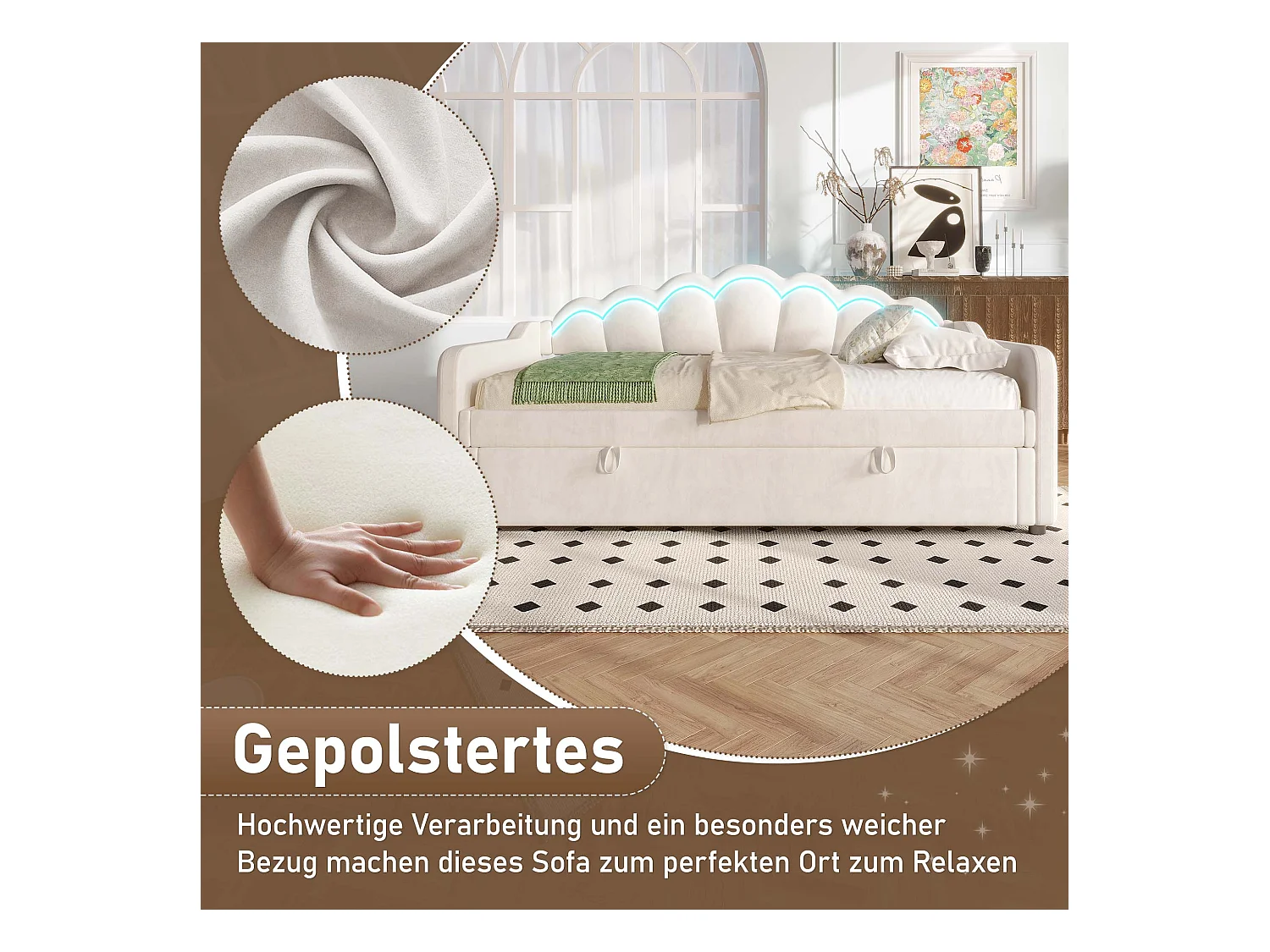 lit coffre - 90 x 200 cm - canapé-lit avec Leds - sans matelas - velours + MDF - beige