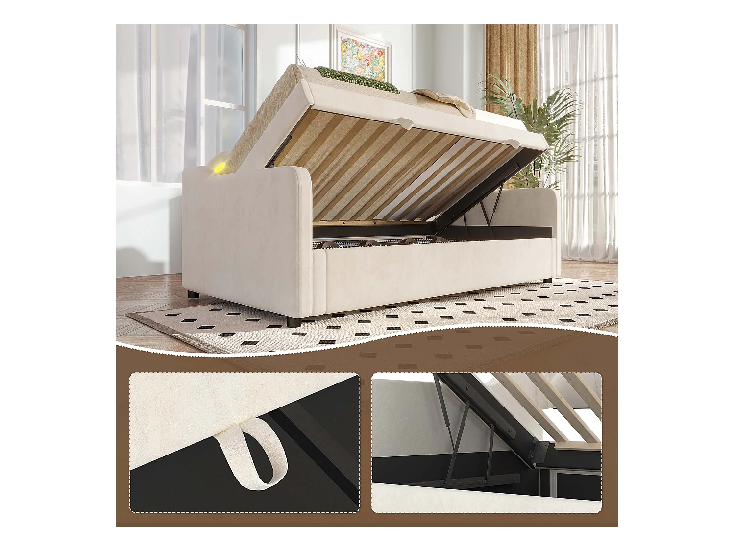 lit coffre - 90 x 200 cm - canapé-lit avec Leds - sans matelas - velours + MDF - beige