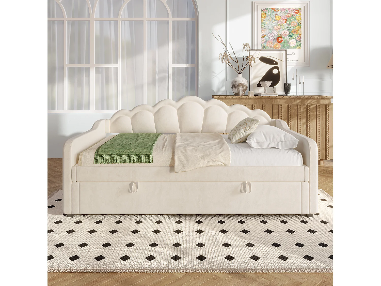 lit coffre - 90 x 200 cm - canapé-lit avec Leds - sans matelas - velours + MDF - beige