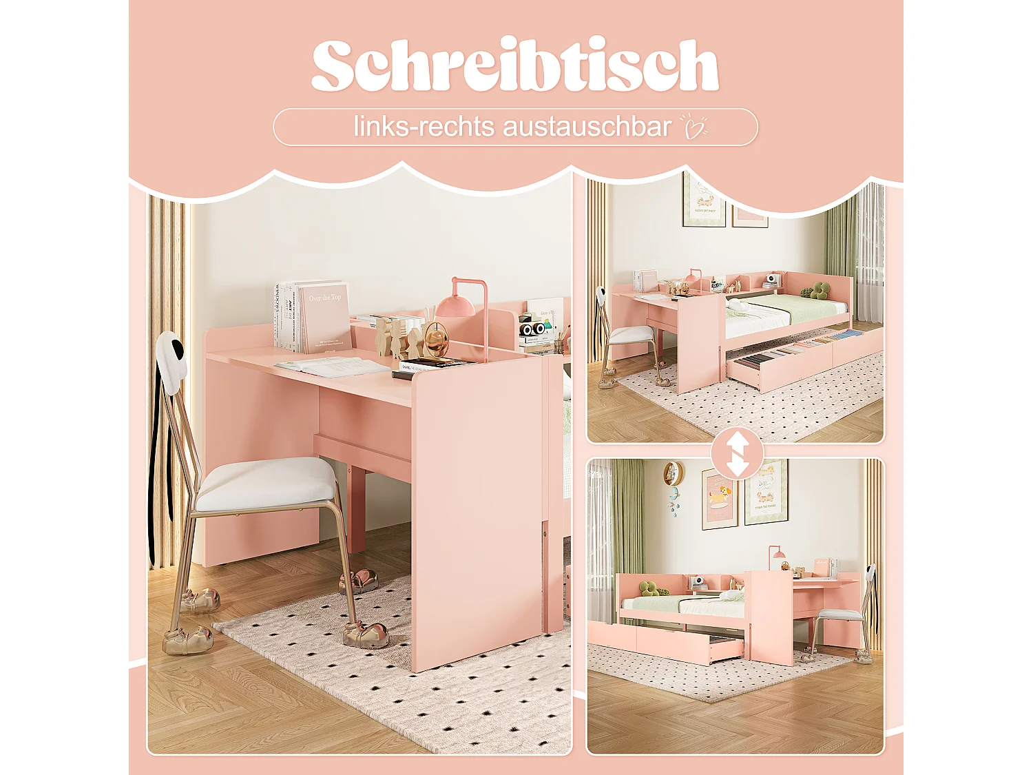 cama plana com compartimento de arrumação - 90 x 200 cm - 2 gavetas + secretária - sem colchão - pinho + aglomerado - rosa